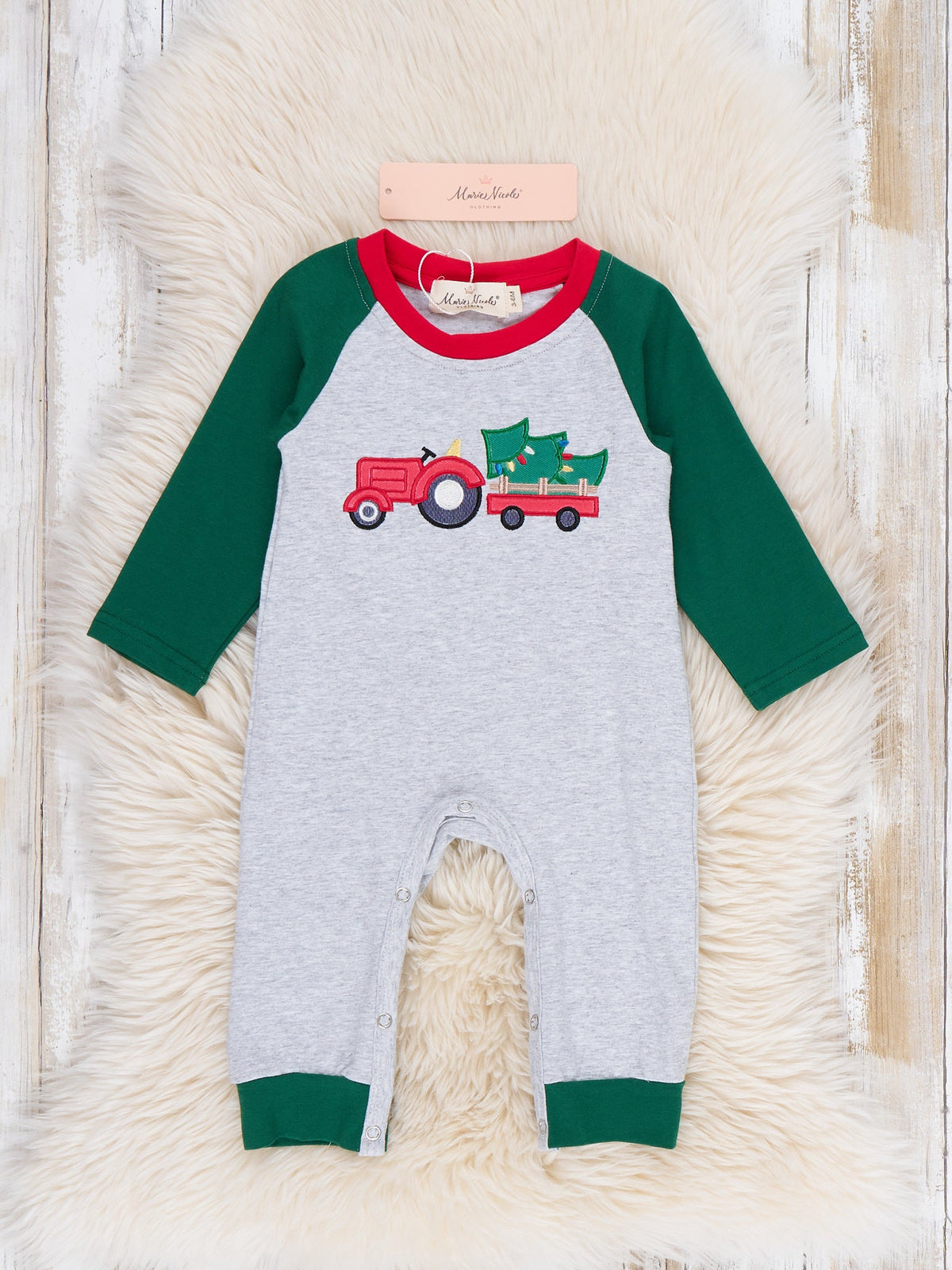 Christmas Tree Tractor Applique Raglan Romper - Marie Nicole Clothing