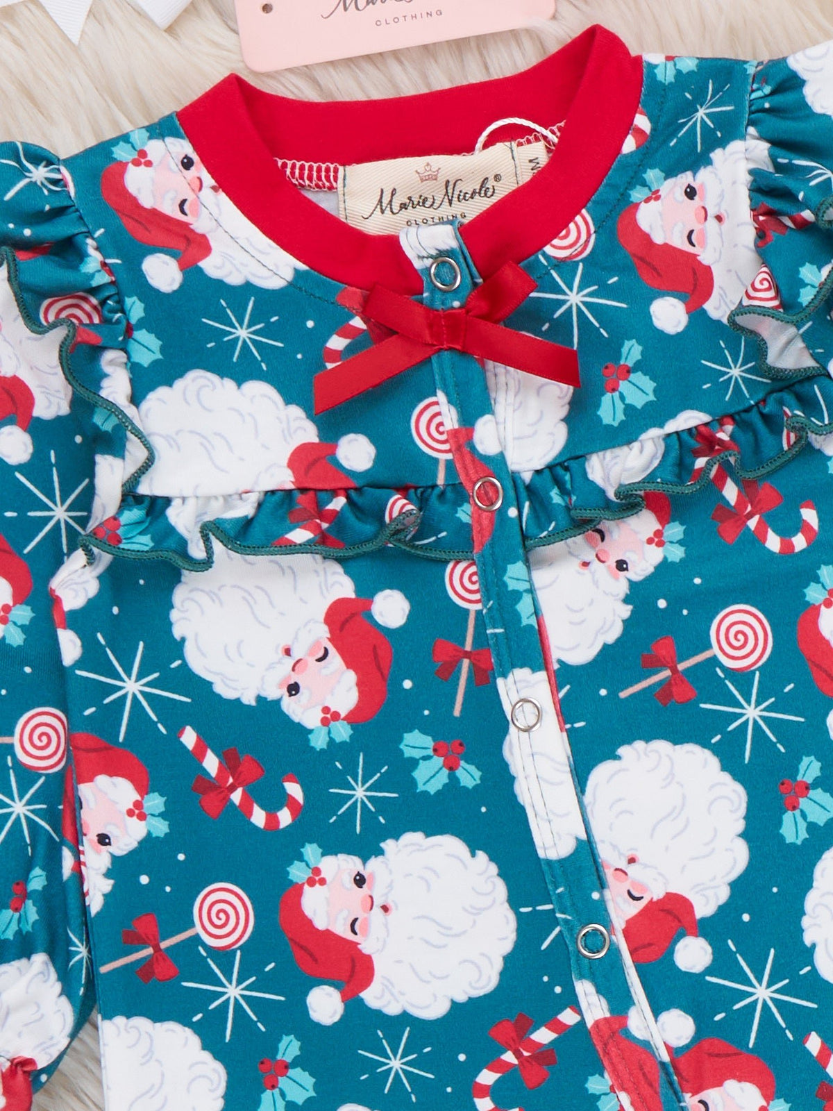 Snowy Santa Bow Footed Sleeper Pajamas - Marie Nicole Clothing