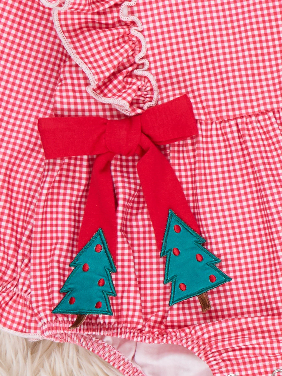 Christmas Tree Embroidered Bow Bubble Romper - Marie Nicole Clothing