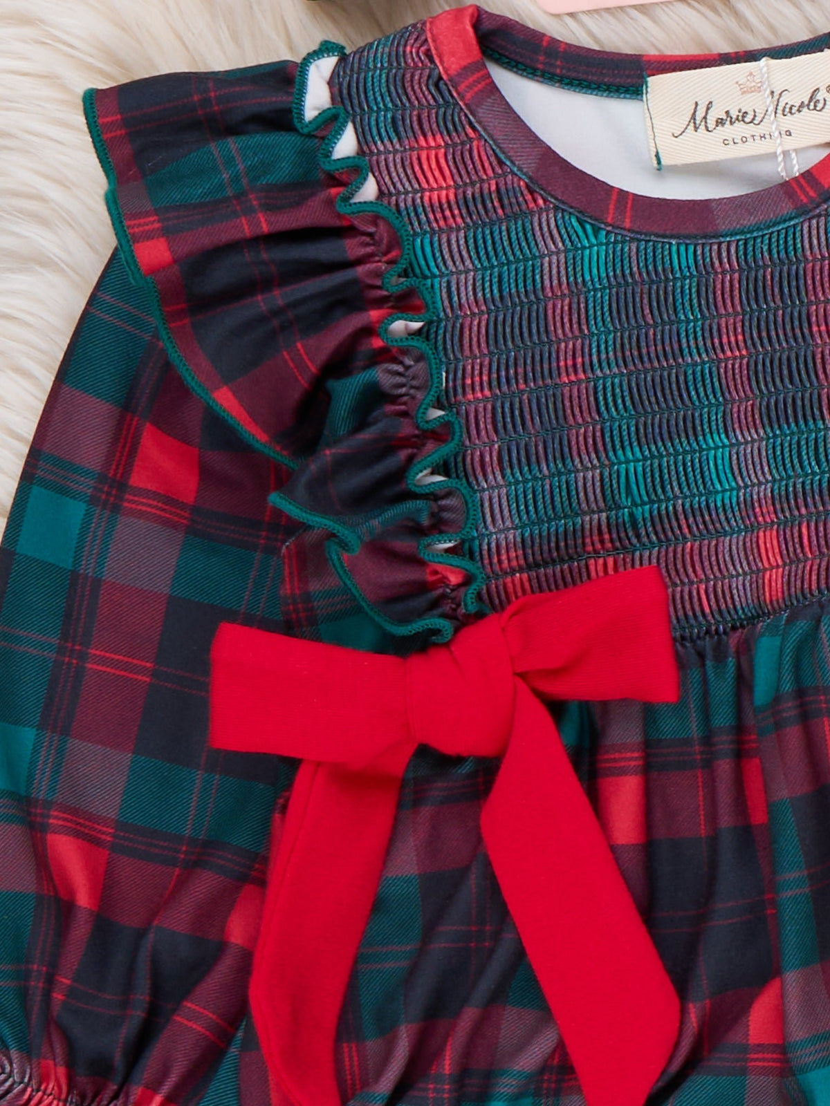 Evergreen Tartan Plaid Smocked Bow Bubble Romper - Marie Nicole Clothing