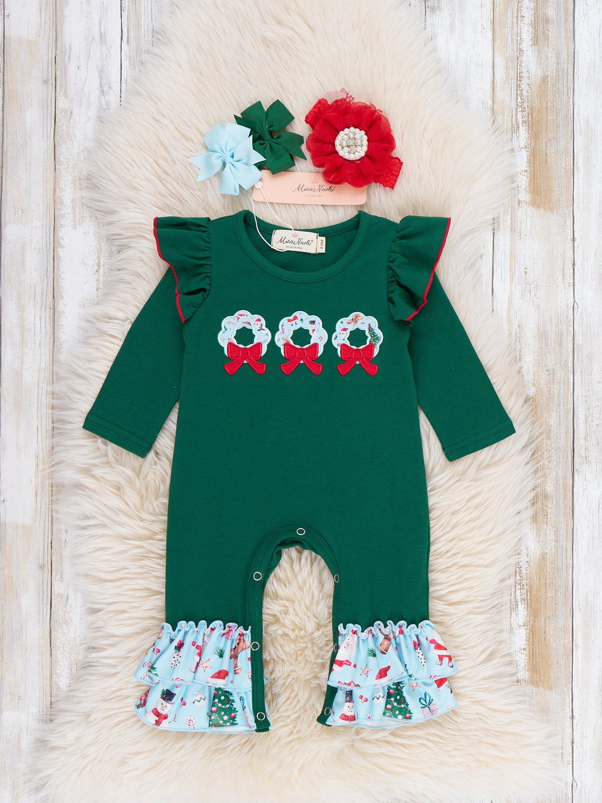 Wreath Wishes Applique Bow Ruffle Romper - Marie Nicole Clothing