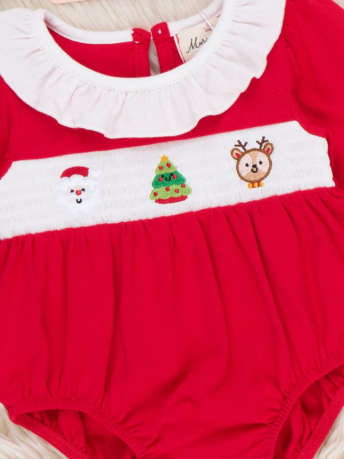 Holiday Cheer Smocked Ruffle Collar Bubble Romper - Marie Nicole Clothing
