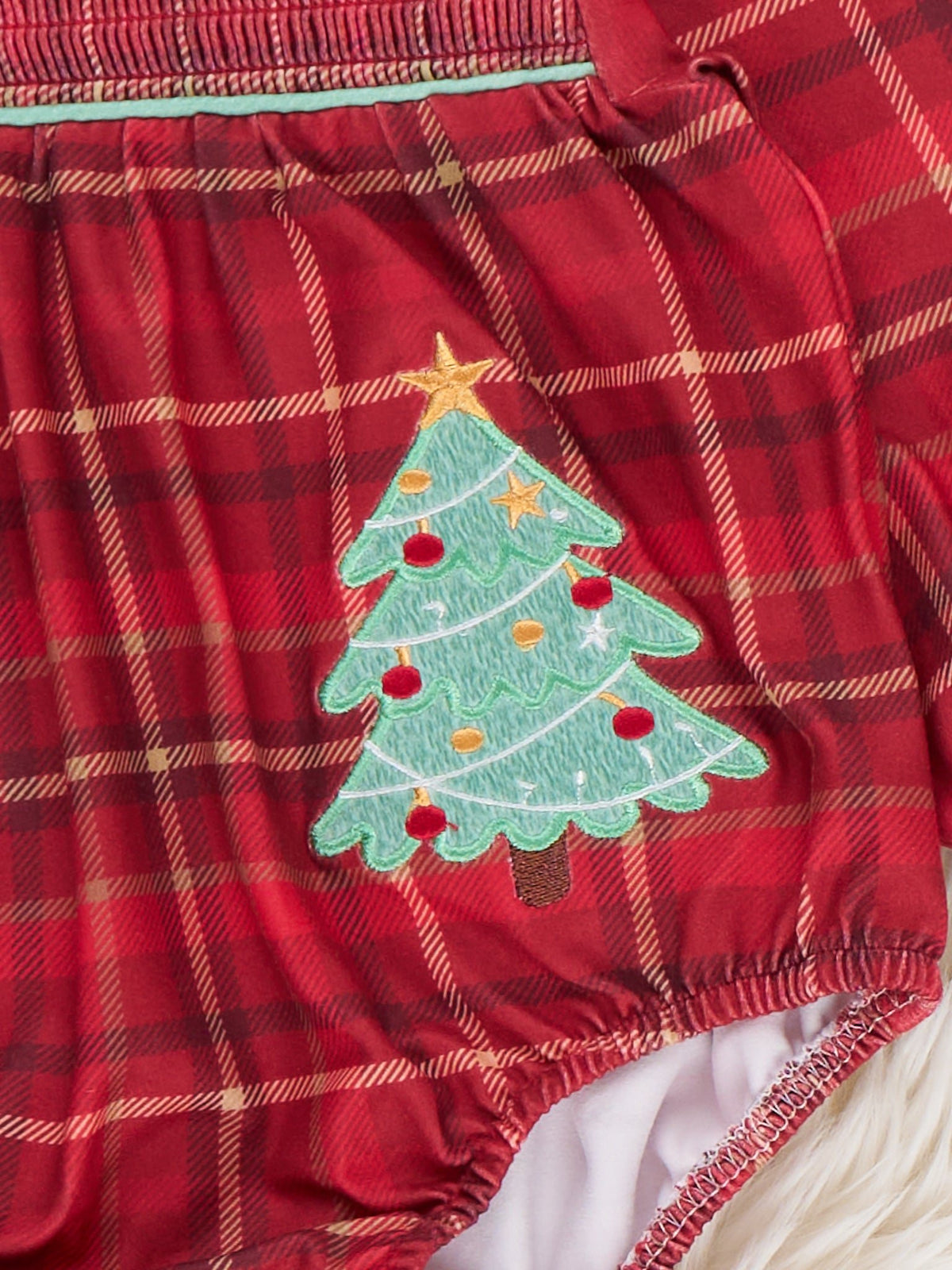 Tinsel Tree Smocked Plaid Bubble Romper - Marie Nicole Clothing