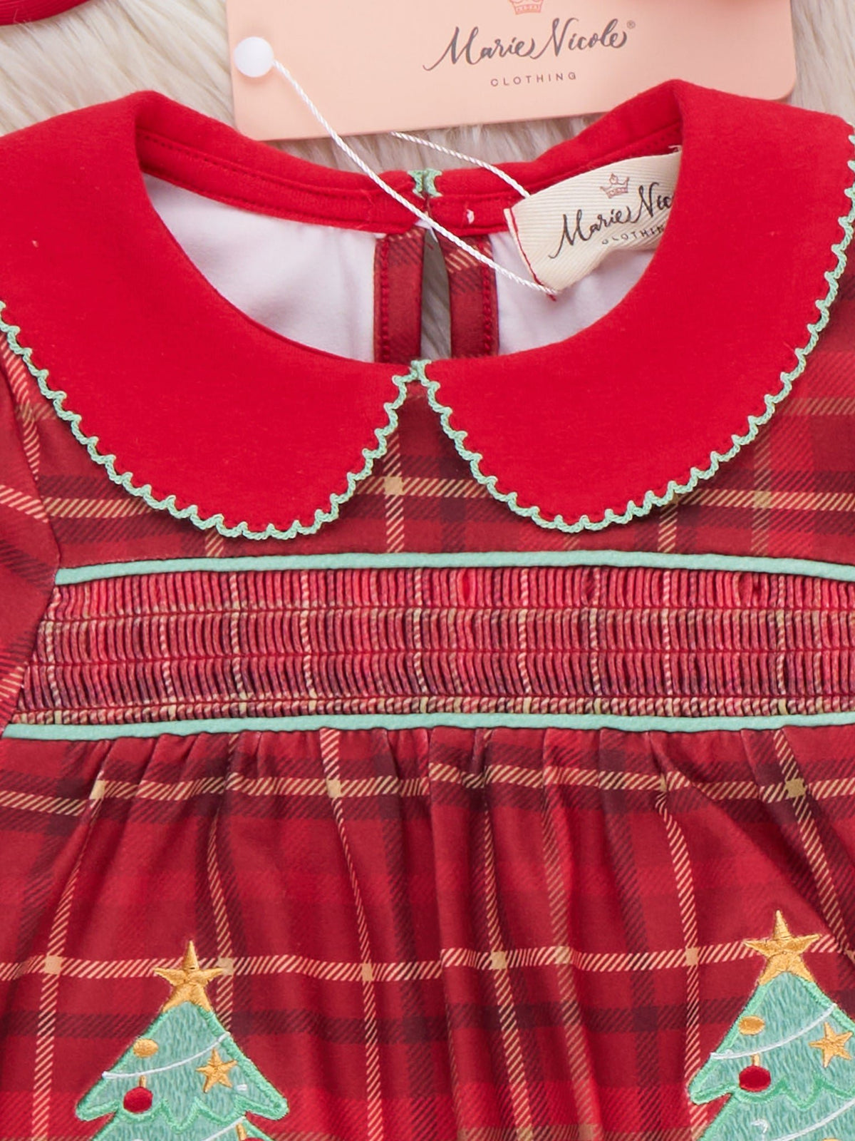 Tinsel Tree Smocked Plaid Bubble Romper - Marie Nicole Clothing