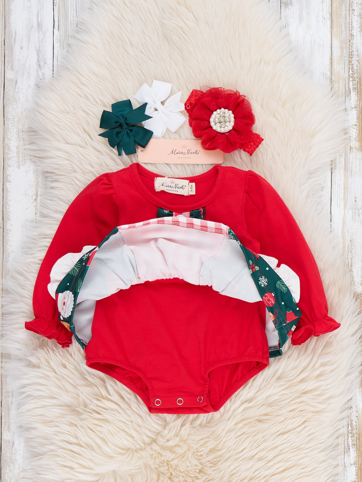 Noelle Santa Plaid Pocket Ruffle Bubble Romper - Marie Nicole Clothing