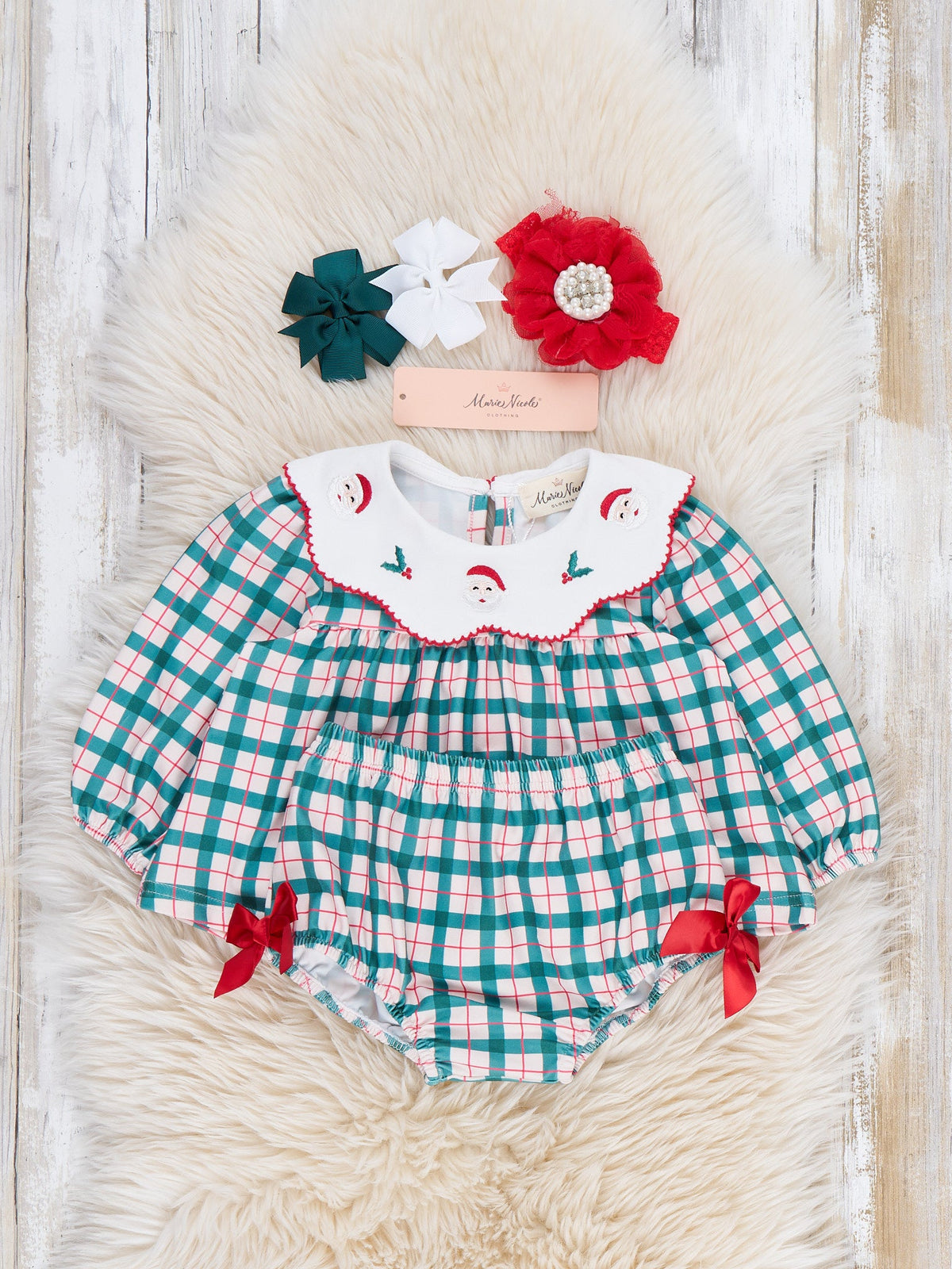 Santa Cheer Embroidered Collar Bow Bloomer Outfit - Marie Nicole Clothing