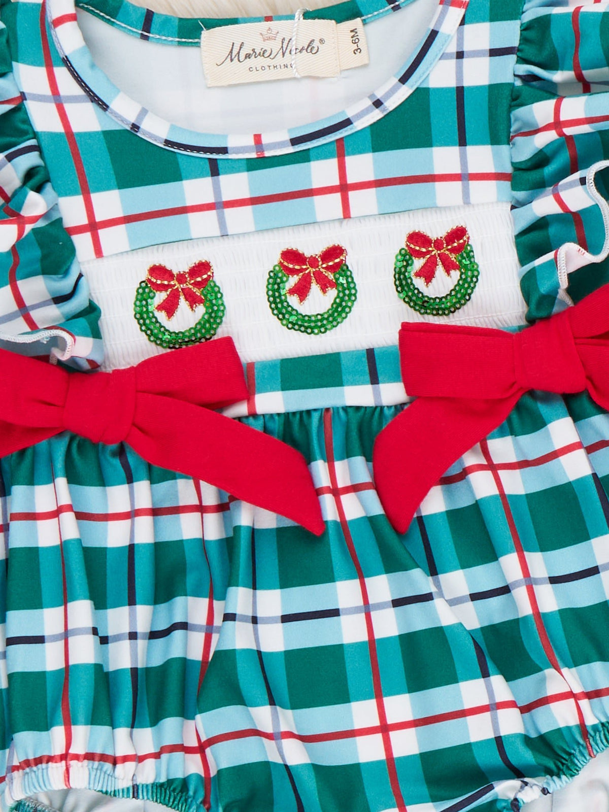 Magic Wreath Smocked Plaid Bow Romper - Marie Nicole Clothing