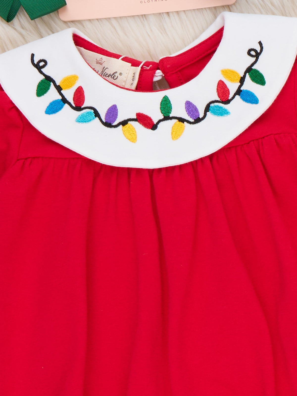 Twinkle Lights Christmas Bulb Embroidered Collar Bubble Romper - Marie Nicole Clothing