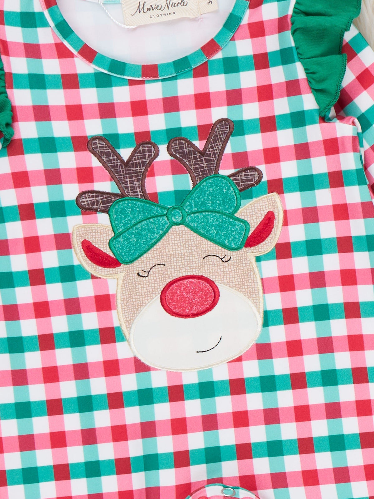 Reindeer Cheer Applique Gingham Ruffle Romper - Marie Nicole Clothing