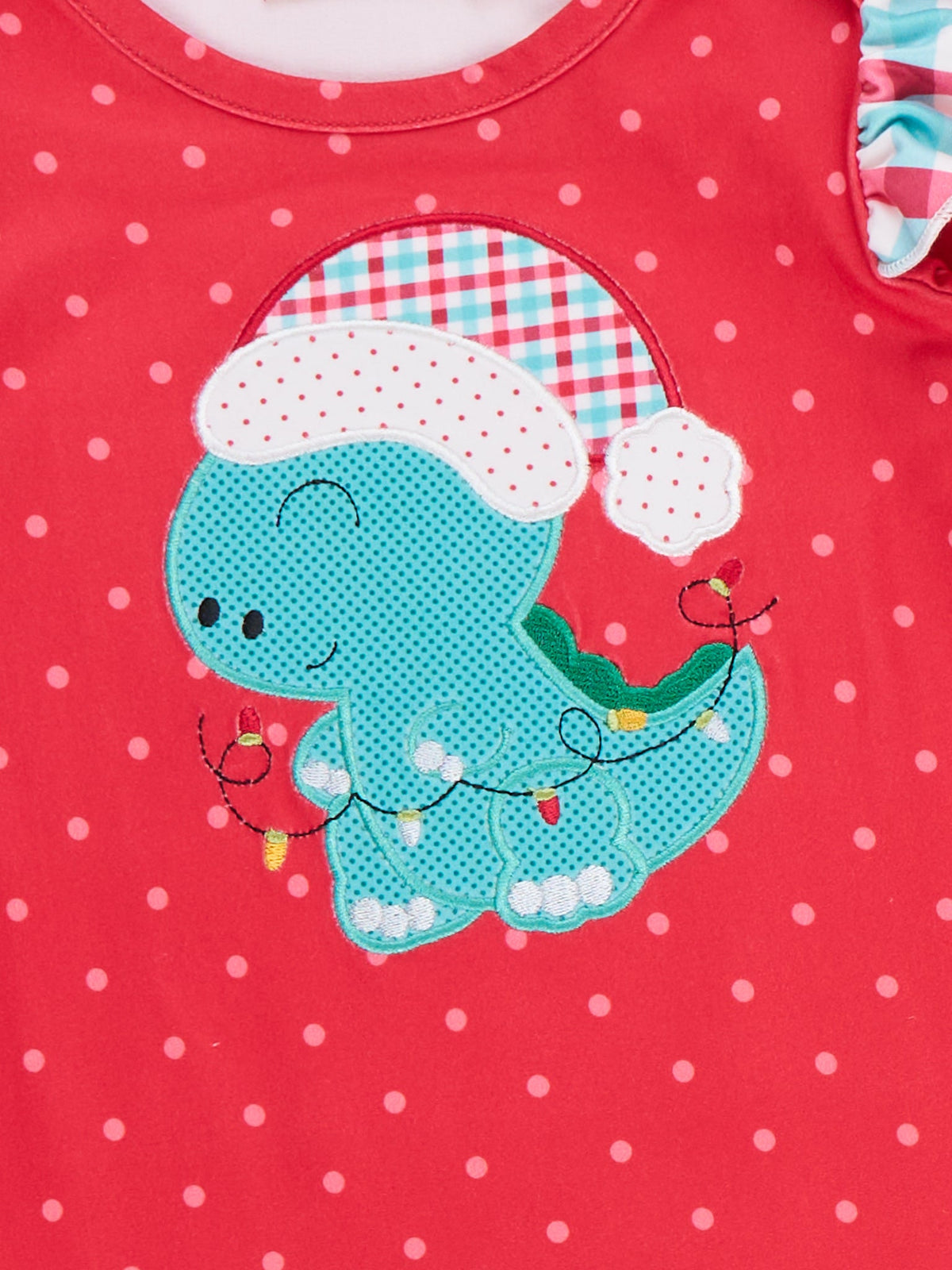 Dino Applique Cheer Christmas Plaid Ruffle Romper - Marie Nicole Clothing