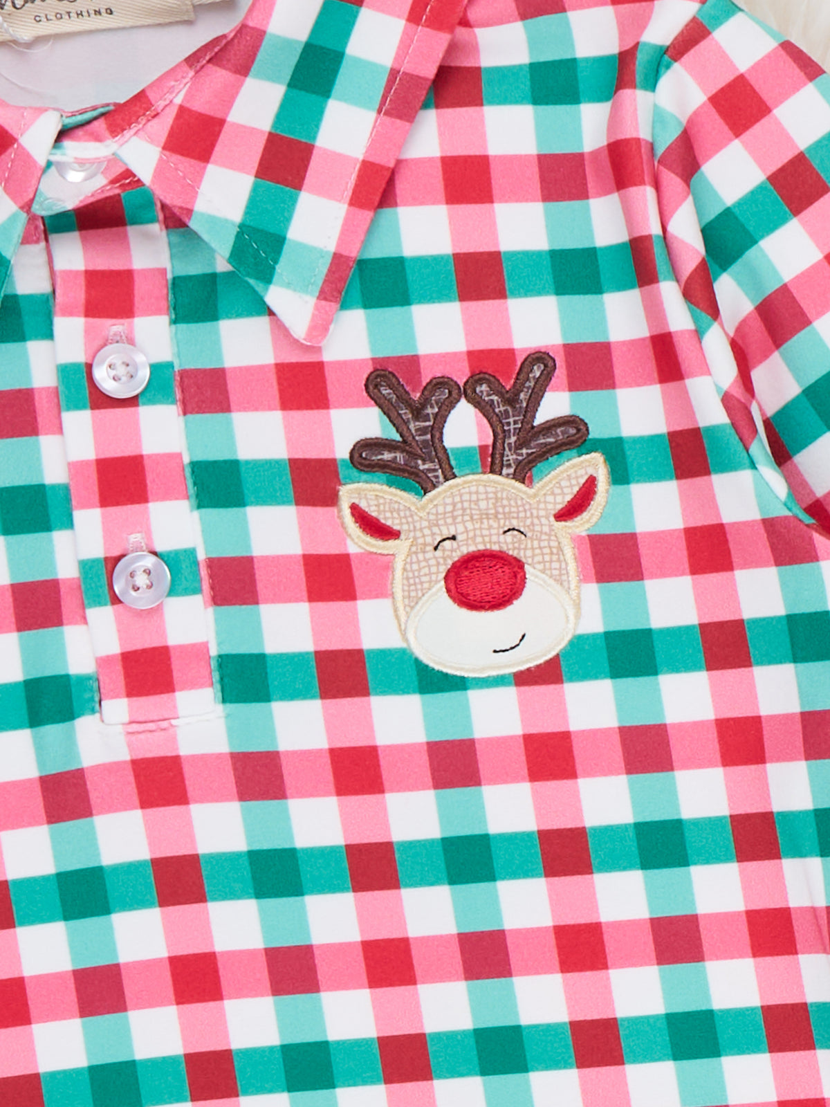 Reindeer Cheer Applique Gingham Polo Shirt - Marie Nicole Clothing