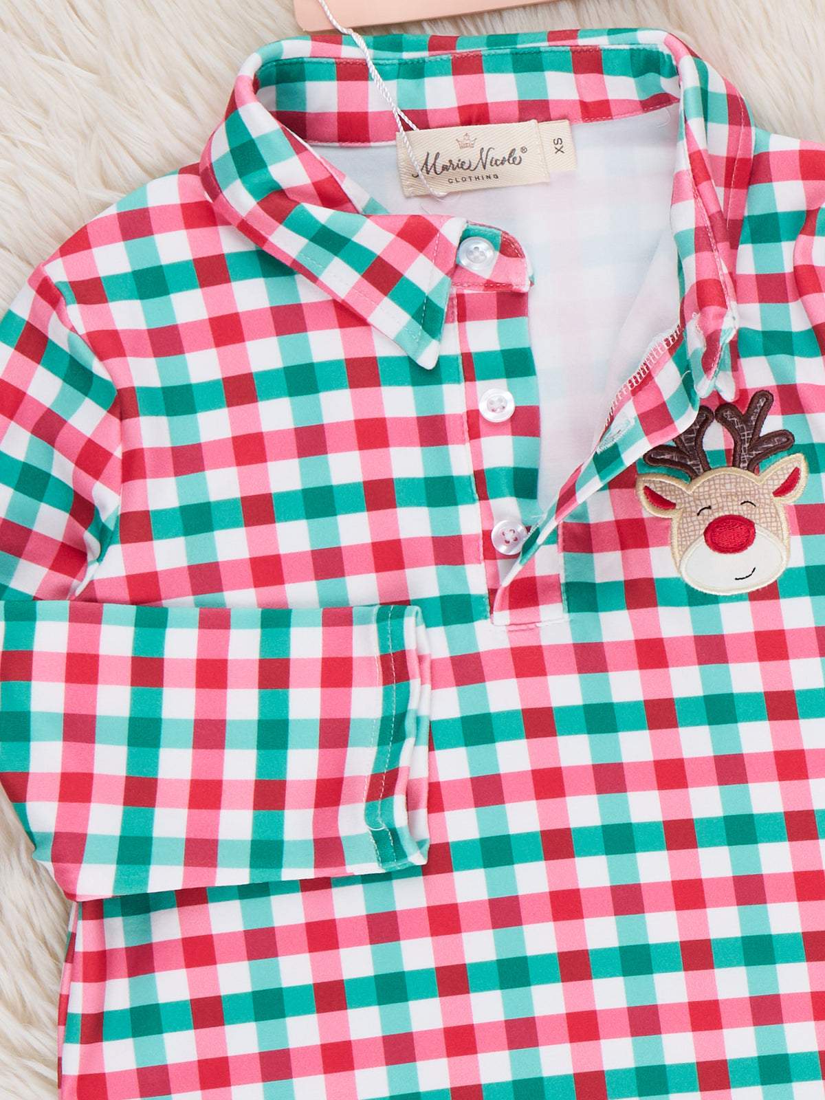 Reindeer Cheer Applique Gingham Polo Shirt - Marie Nicole Clothing