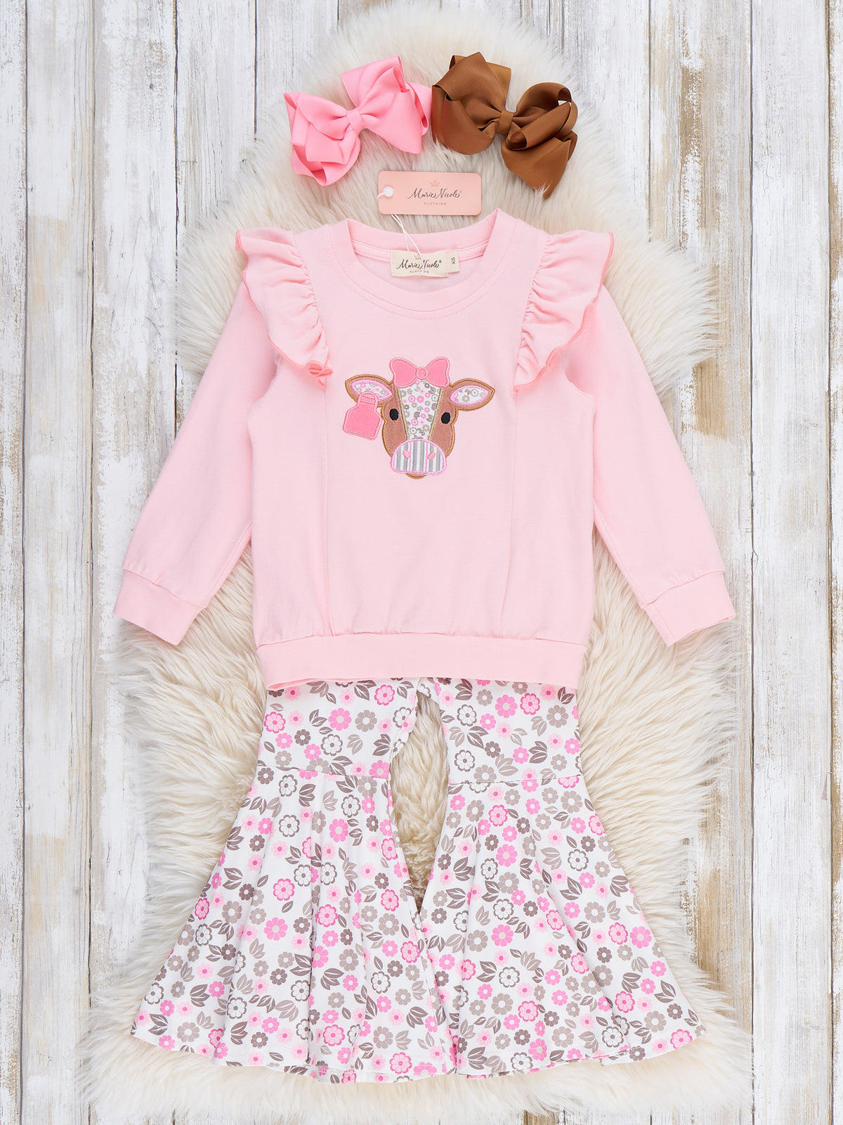 Floral Cow Cutie Ruffle Bell Bottom Outfit - Marie Nicole Clothing