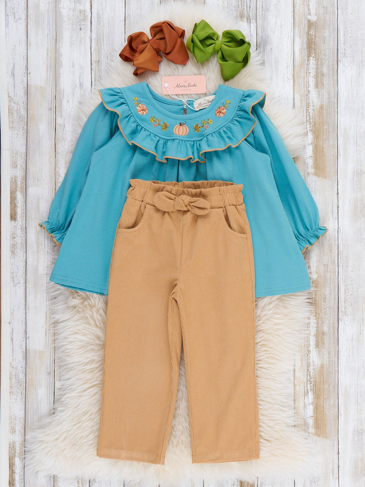 Gathering Grove Pumpkin Embroidered Ruffle Outfit - Marie Nicole Clothing
