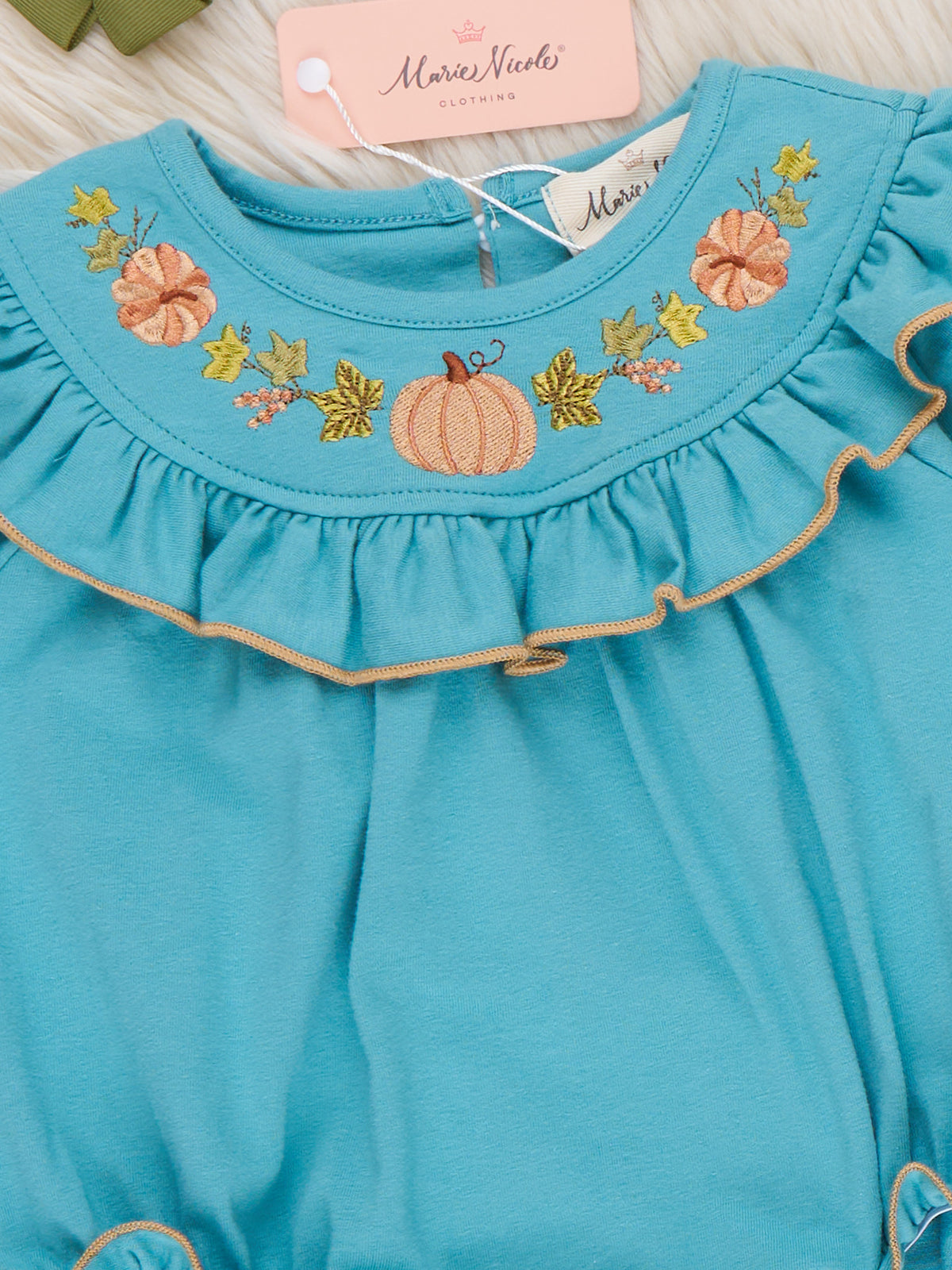 Gathering Grove Pumpkin Embroidered Ruffle Romper - Marie Nicole Clothing