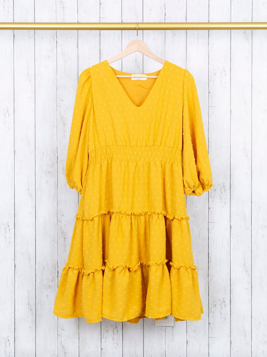 mustard yellow smock dress Mom Mustard Swiss Dot Ruffle Dress