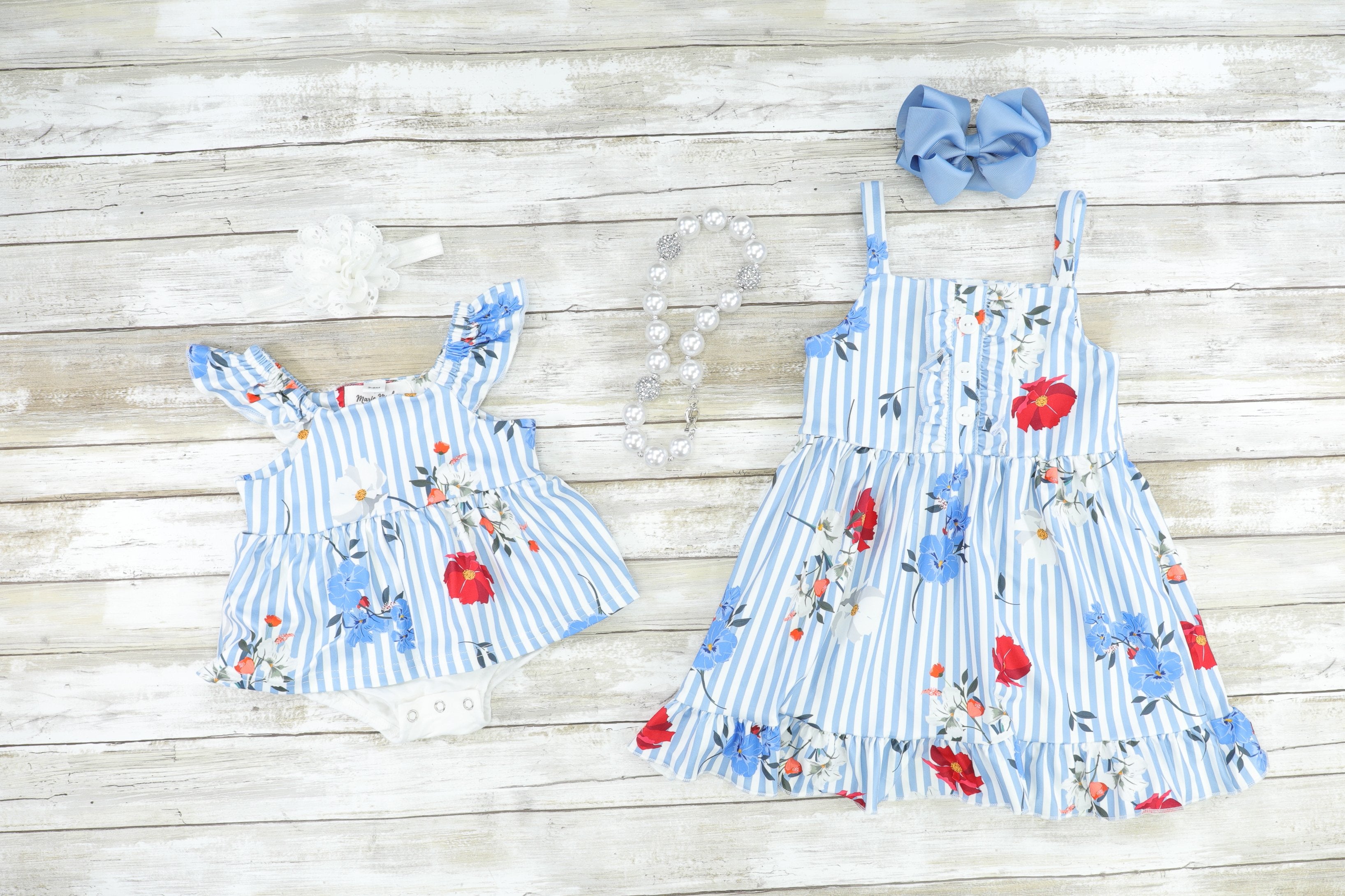 Blue & White Striped Floral Sister Set