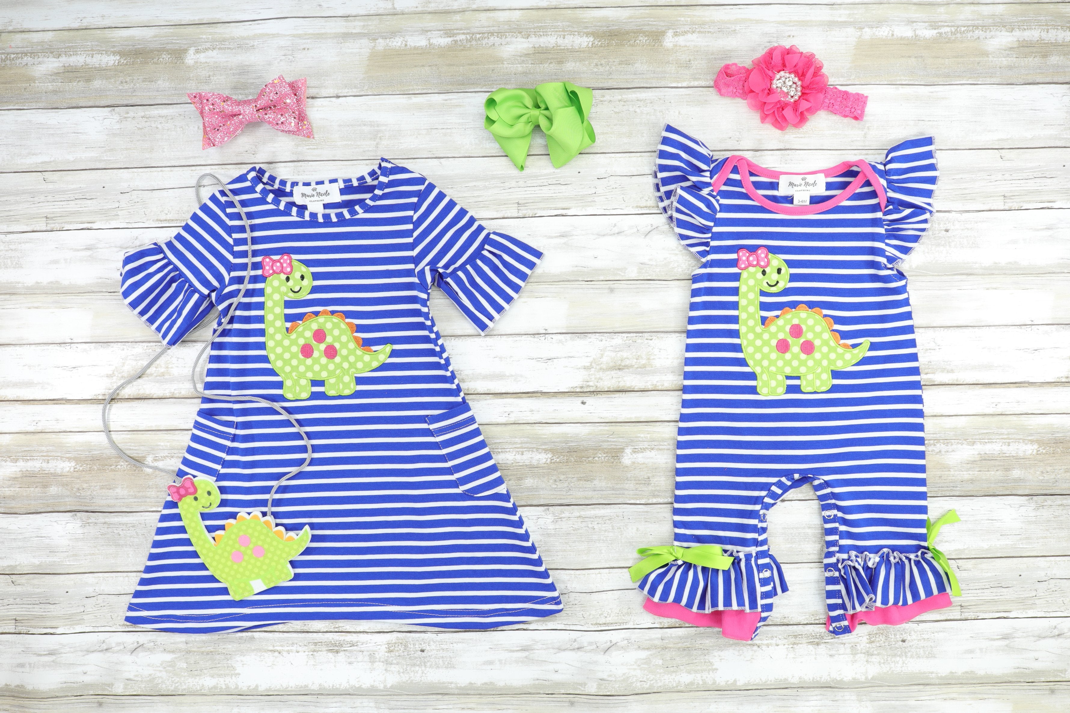 Navy, Green, & Pink Dino Sister Set