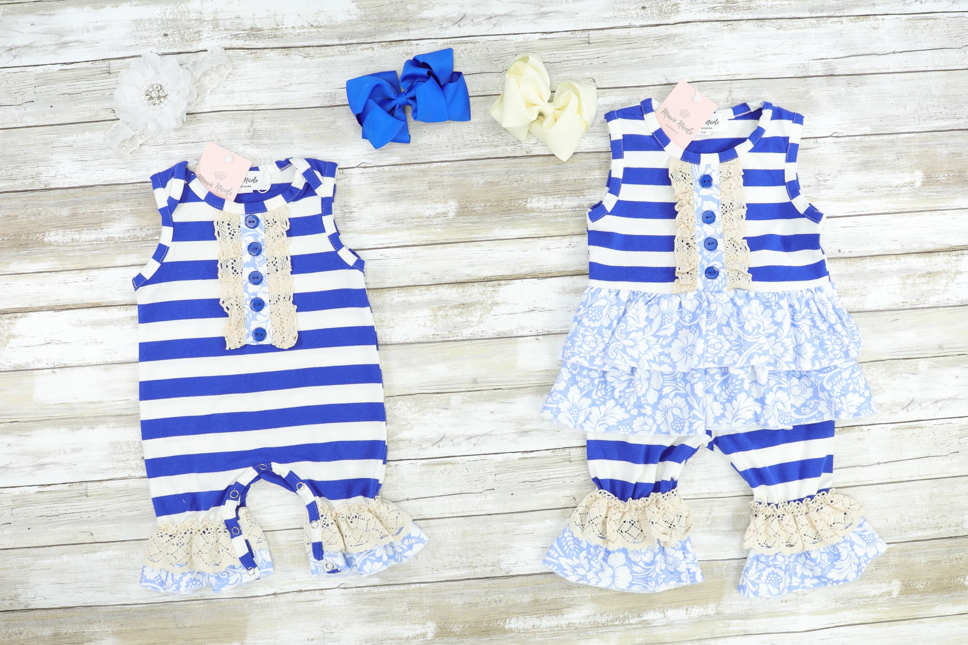 Blue Stripes & Floral Ruffle Sister Set