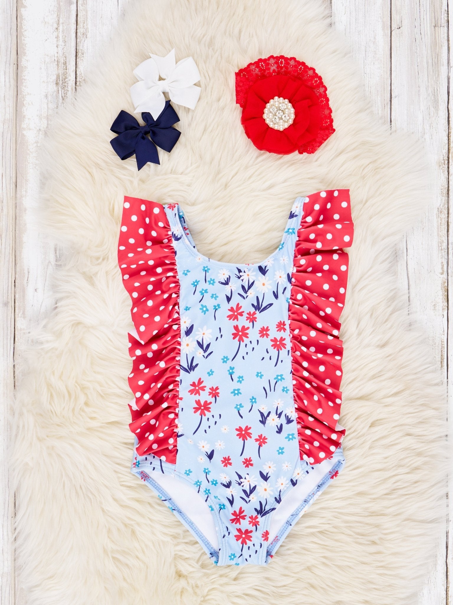 Patriotic Daisy Ruffle Swimsuit - Marie Nicole Clothing