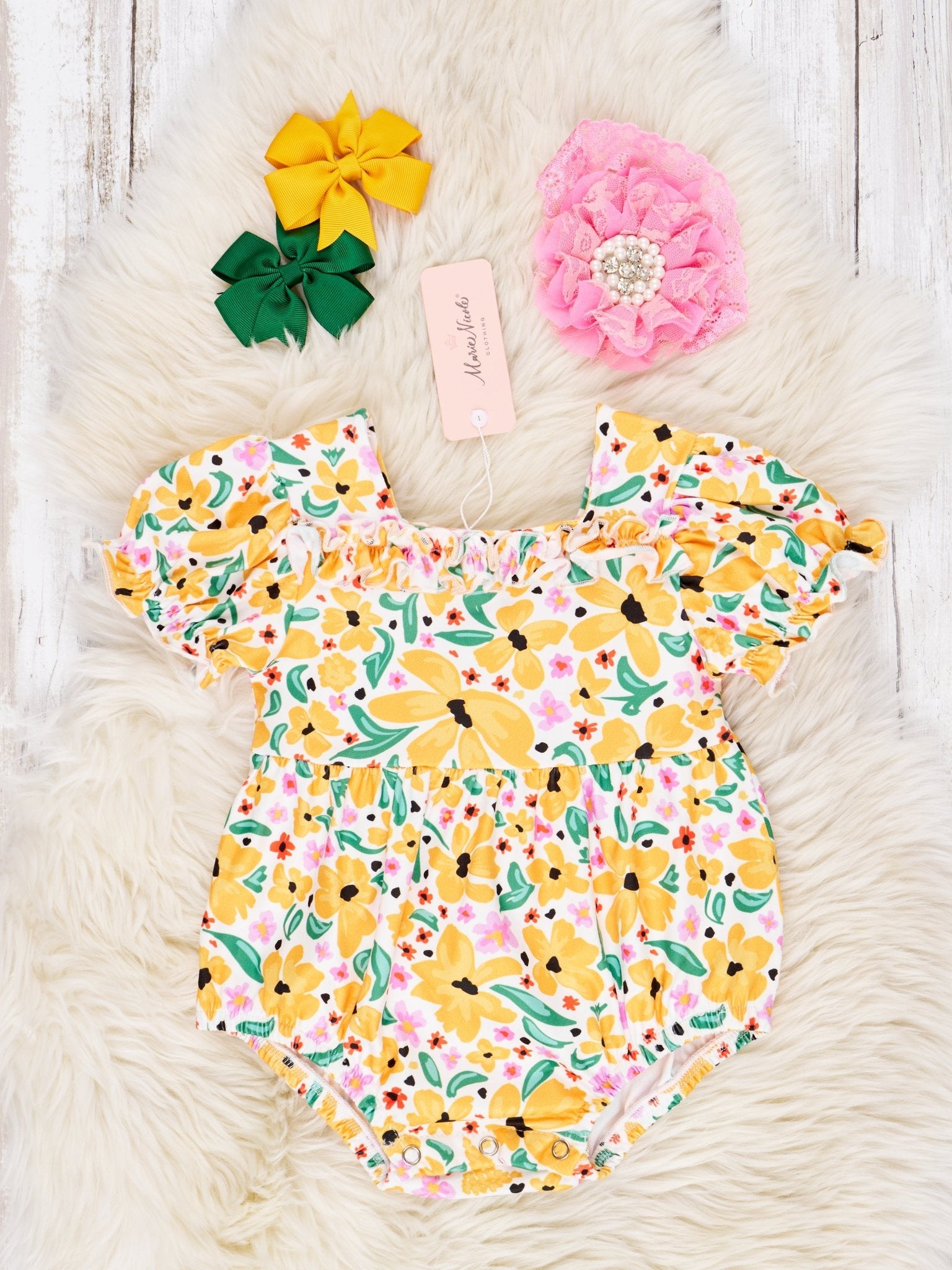 Mustard Floral Puff Sleeve Romper - Marie Nicole Clothing