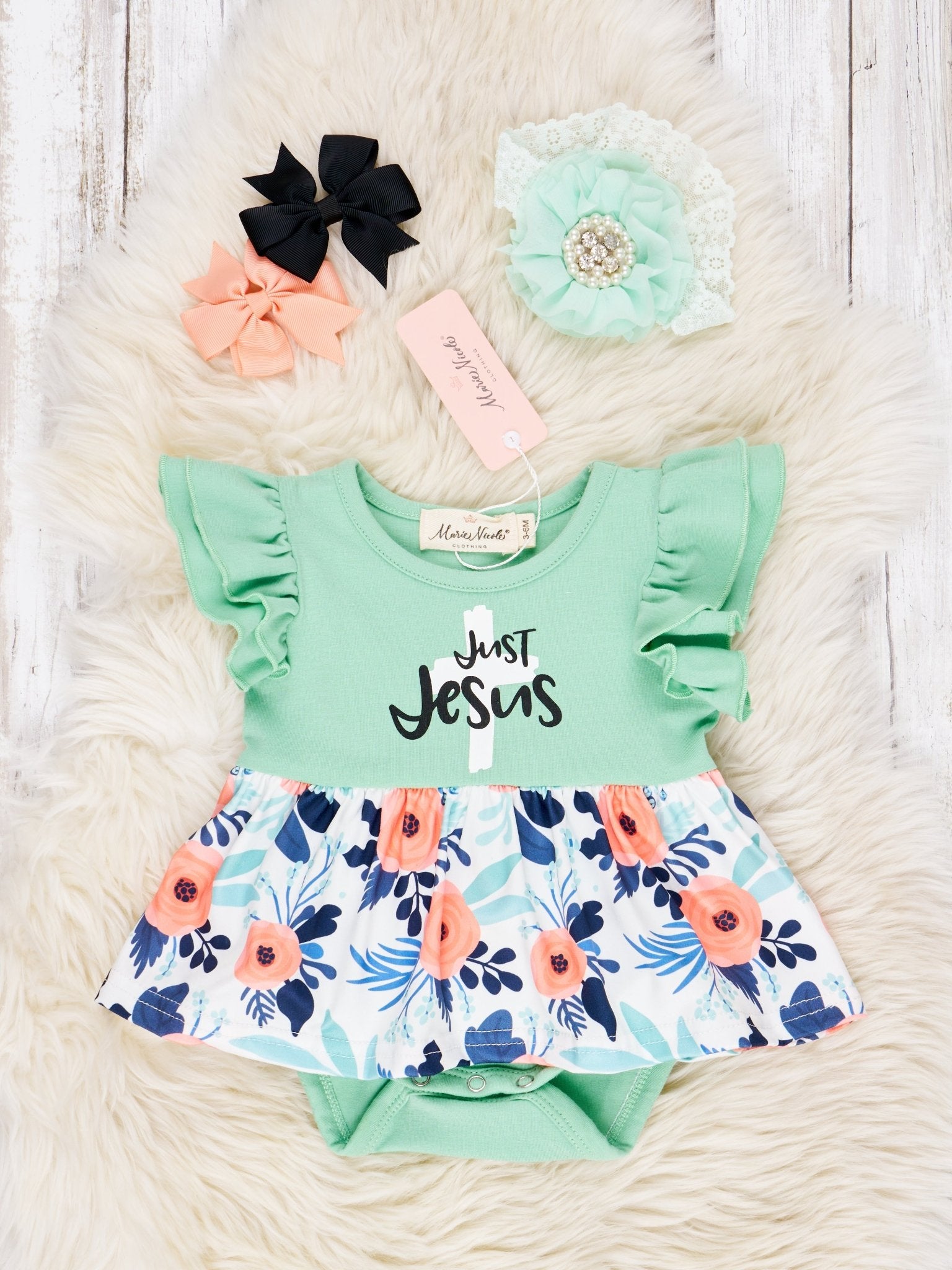 "Just Jesus" Floral Dressy Romper - Marie Nicole Clothing