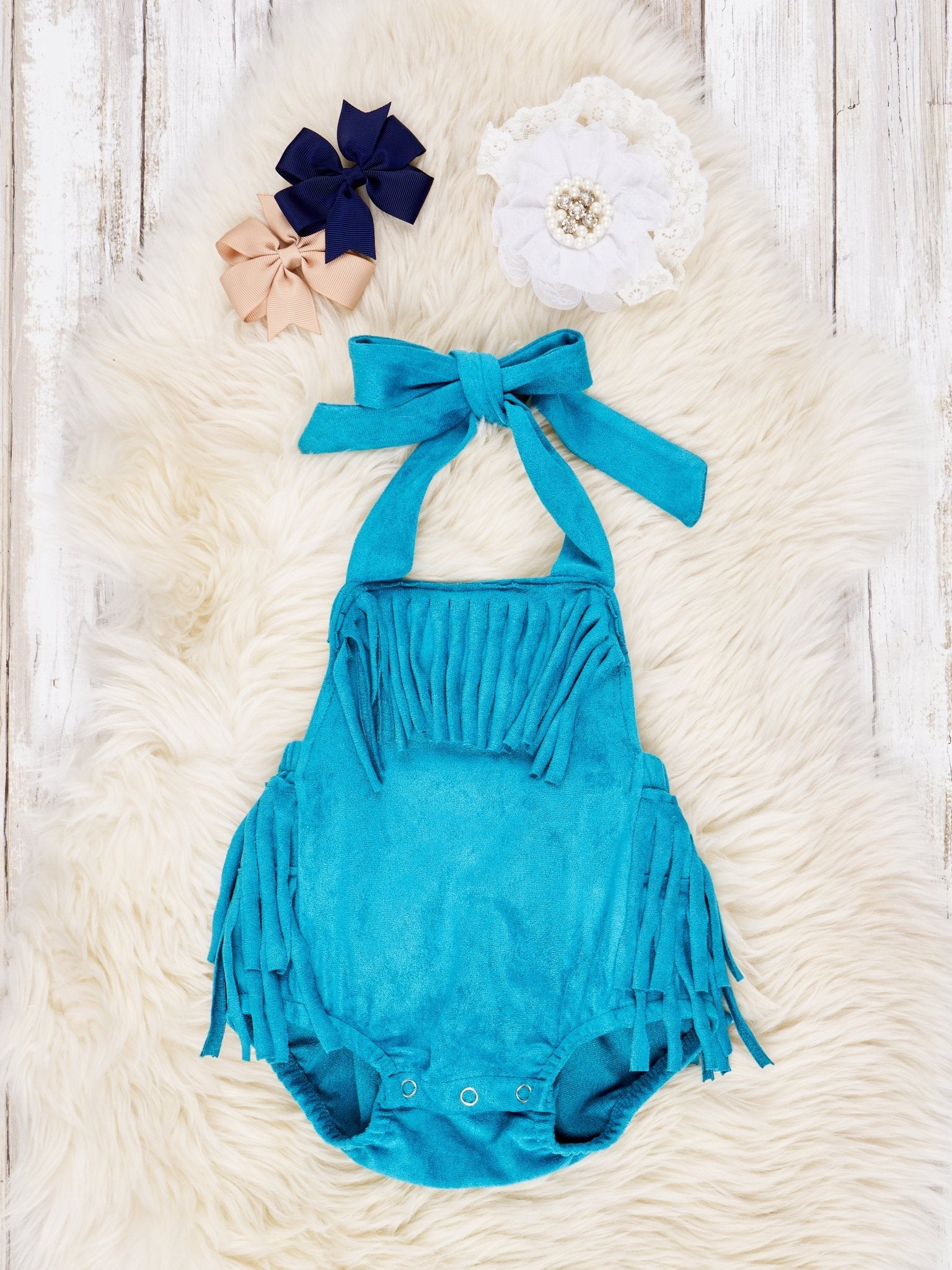 Blue Suede Fringe Tie Romper - Marie Nicole Clothing