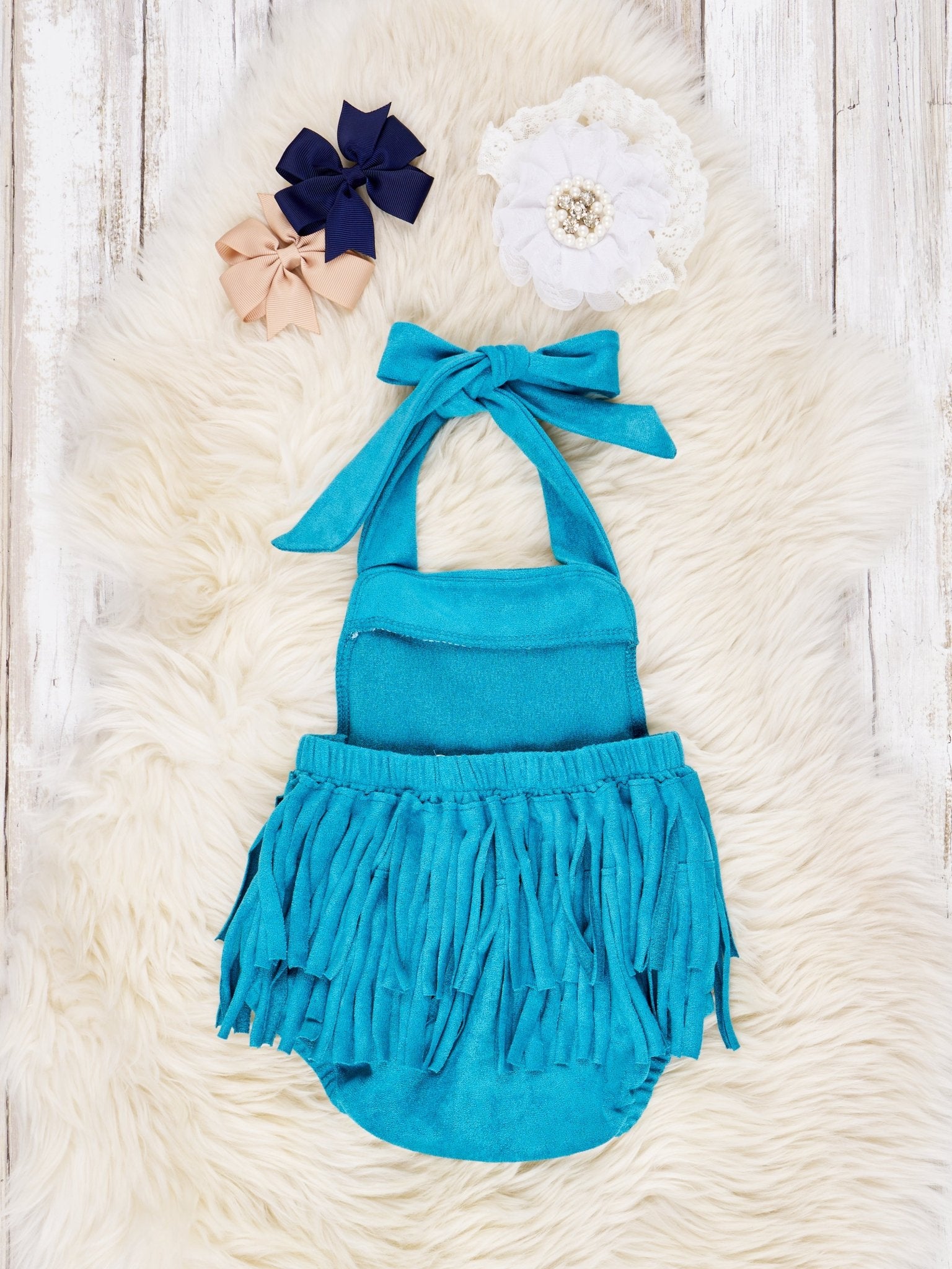 Blue Suede Fringe Tie Romper - Marie Nicole Clothing