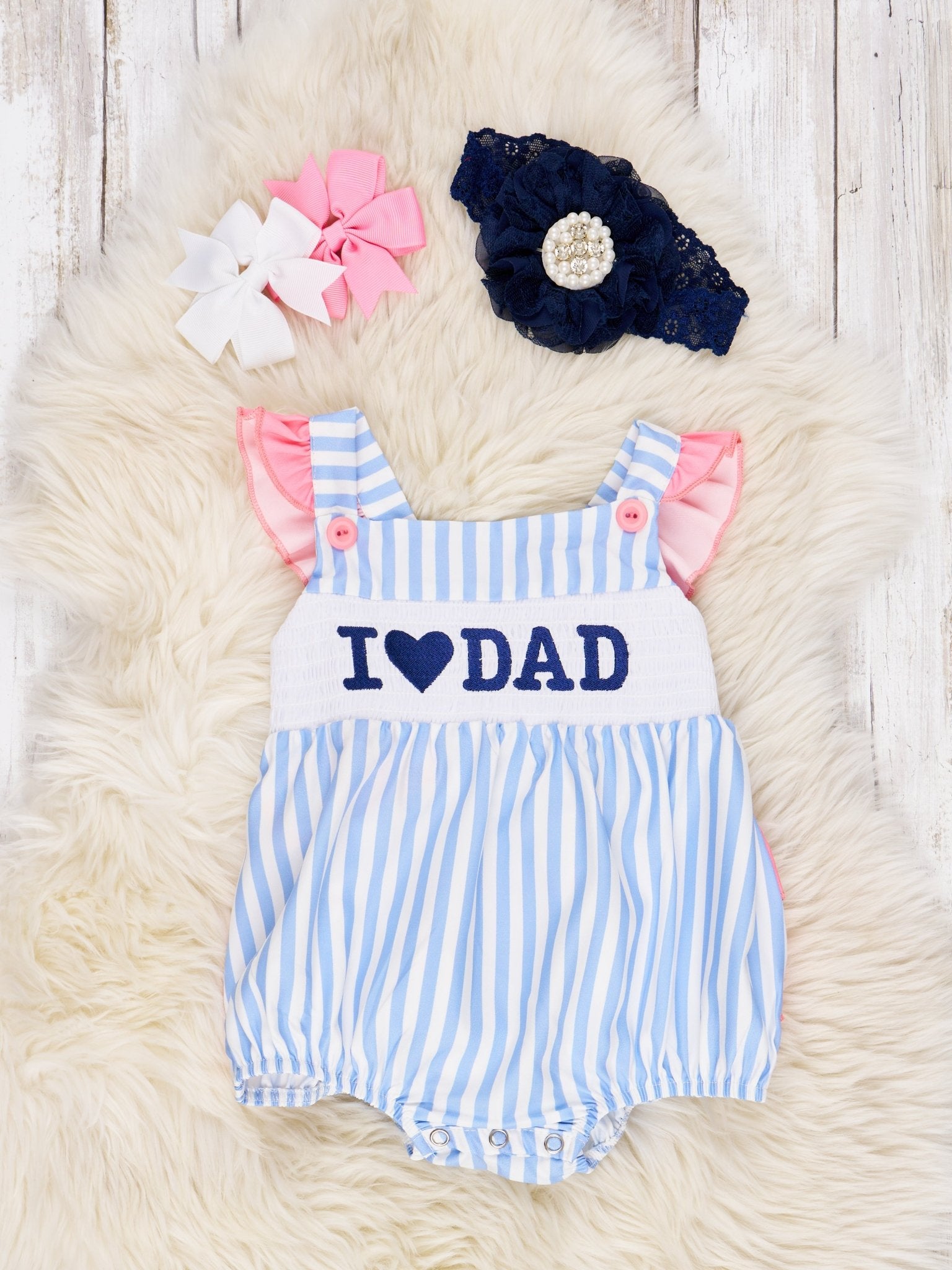 Striped "I Love Dad" Ruffle Romper - Marie Nicole Clothing
