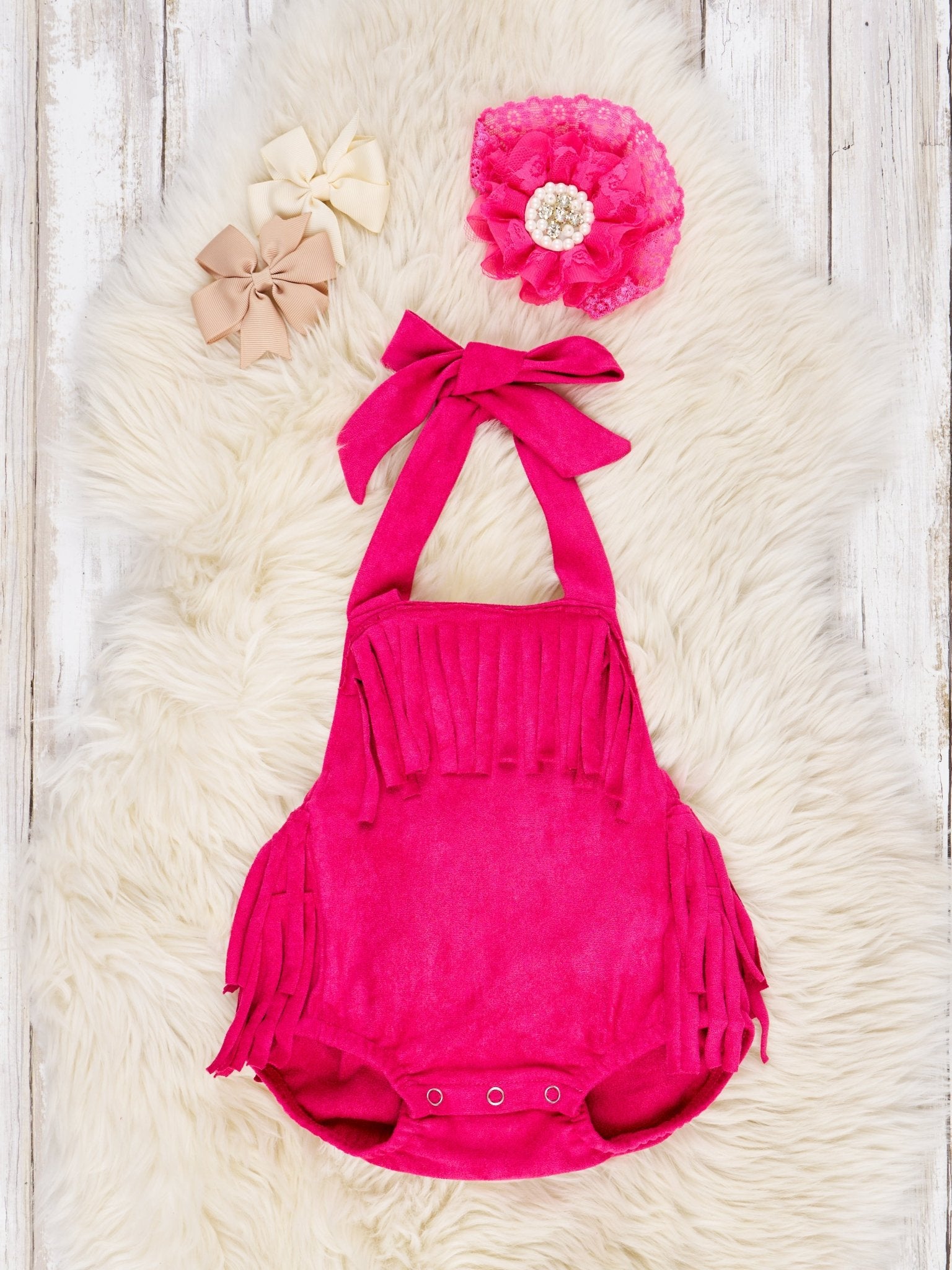 Pink Suede Fringe Tie Romper - Marie Nicole Clothing