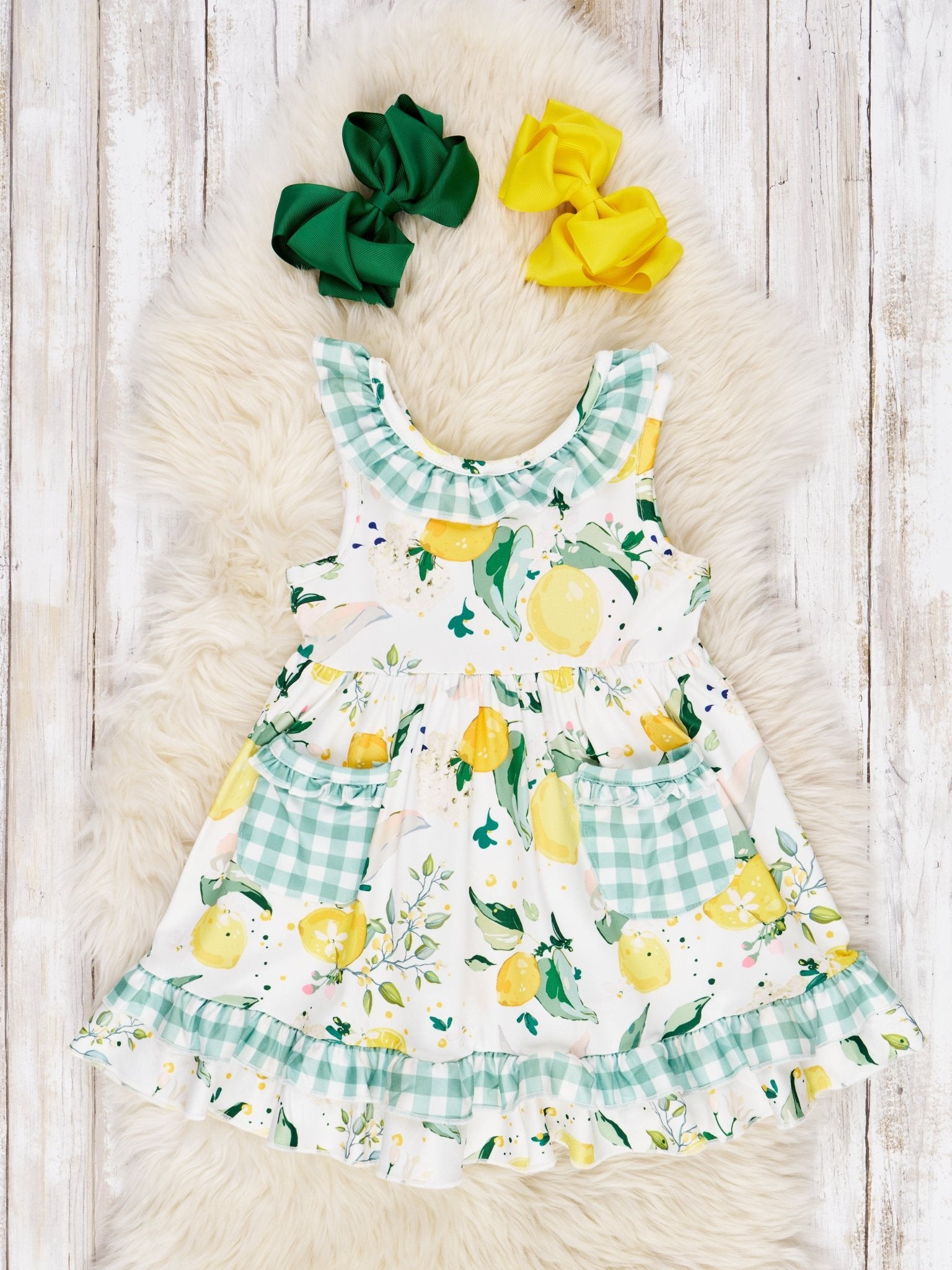 Gingham Lemon Pocket Ruffle Dress - Marie Nicole Clothing