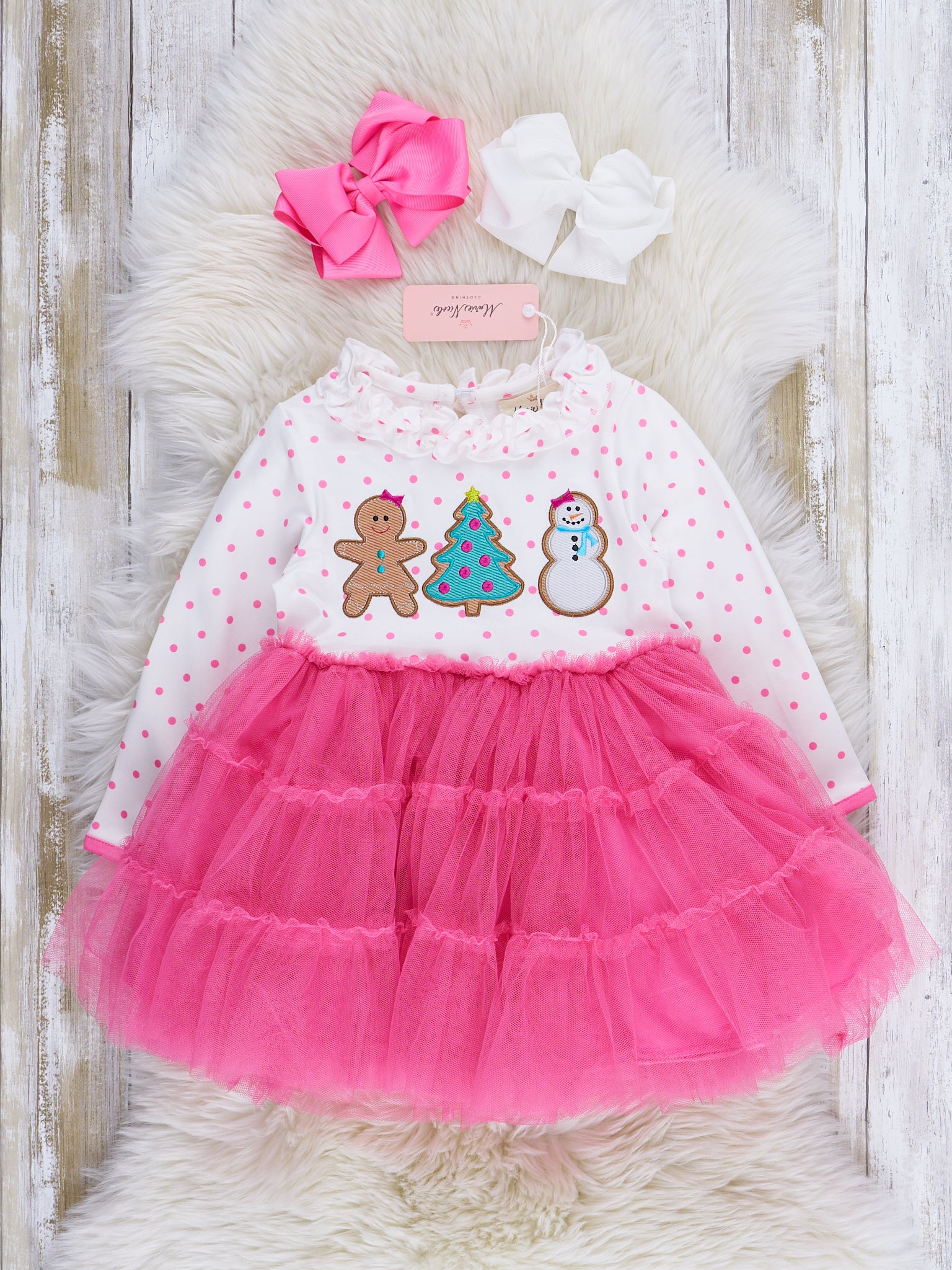 Pink Polka Dots Embroidered Christmas Tulle Dress - Marie Nicole Clothing Pink Polka Dots Embroidered Christmas Tulle Dress - Marie Nicole Clothing