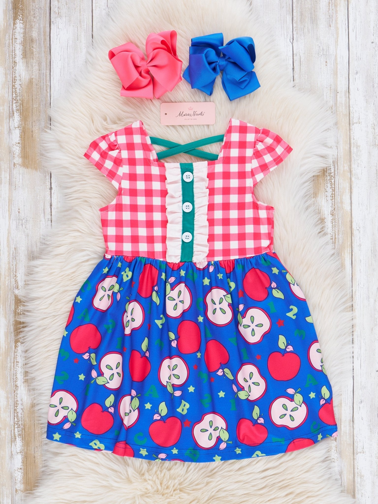 Red Gingham & Blue Apple Ruffle Dress - Marie Nicole Clothing