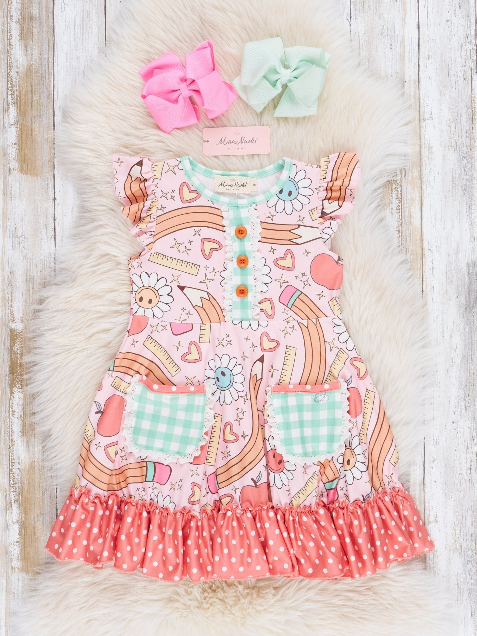 Coral & Turquoise School Time Pocket Ruffle Dress - Marie Nicole Clothing