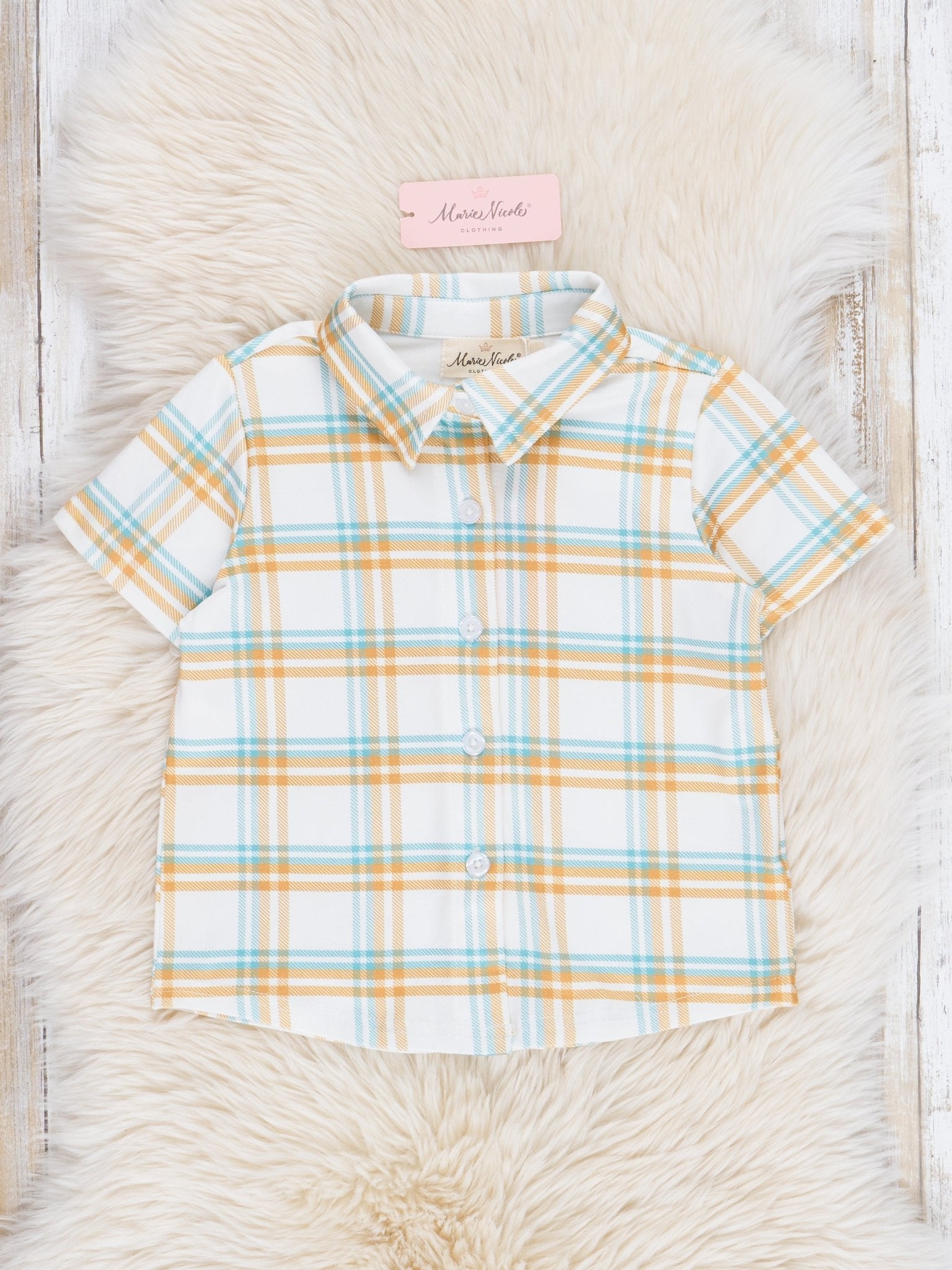 Peach & Green Plaid Button Up Shirt - Marie Nicole Clothing