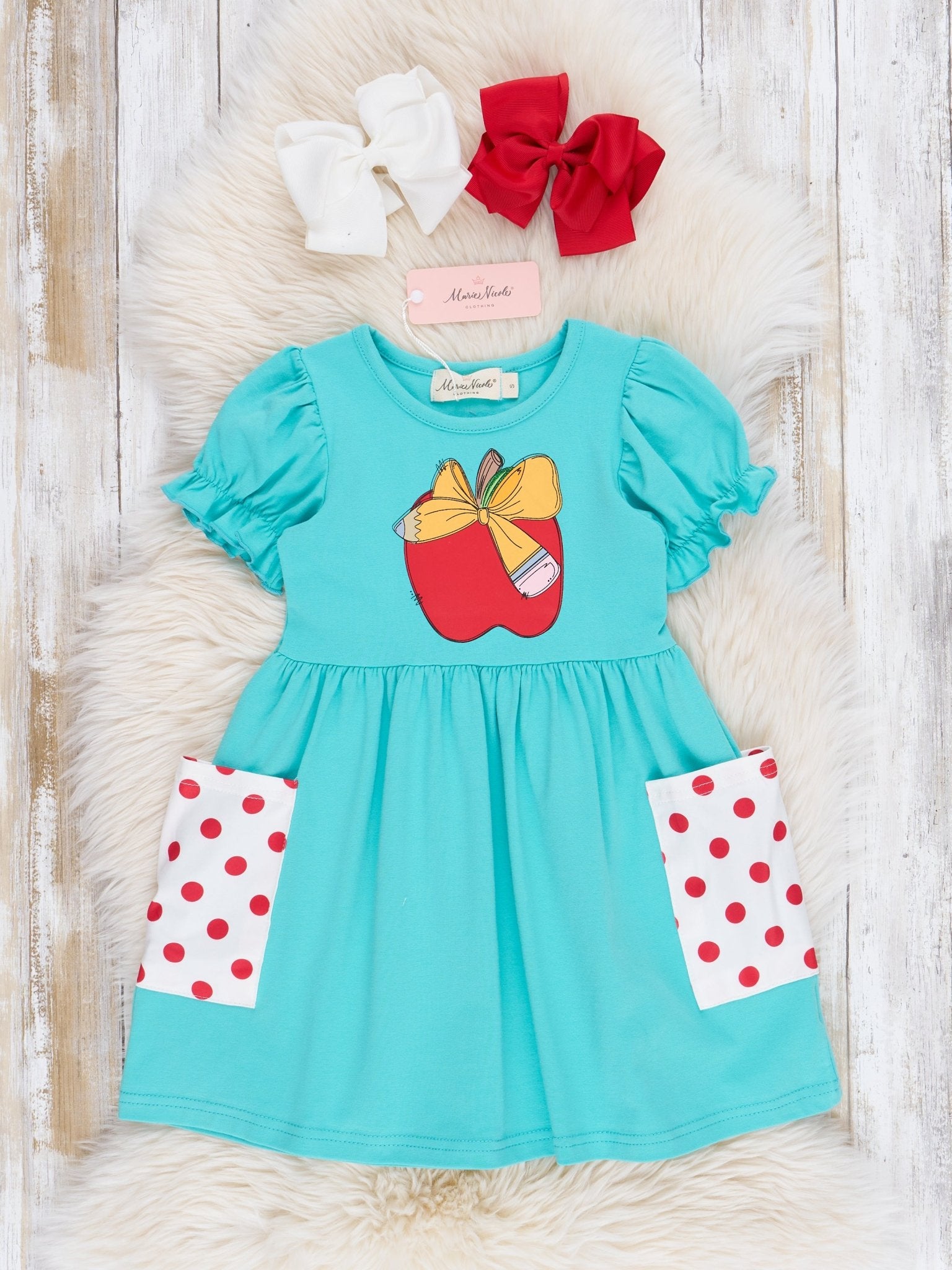 Turquoise Apple A Day Ruffle Dress - Marie Nicole Clothing
