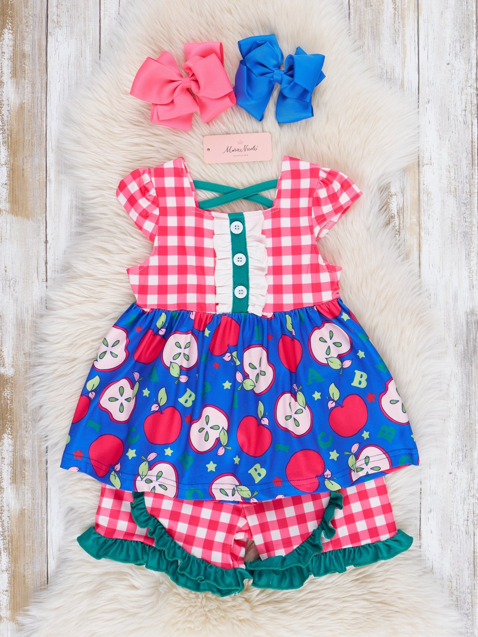 Red Gingham & Blue Apple Ruffle Outfit - Marie Nicole Clothing