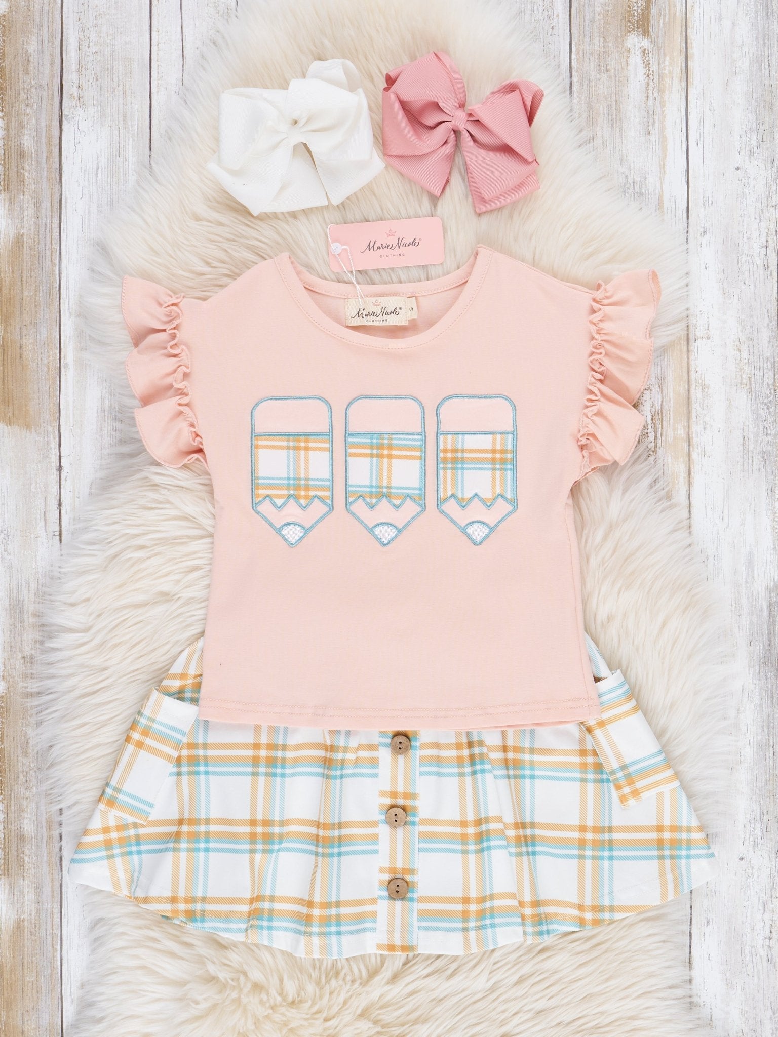 Peach & Green Plaid Outfit w/ Skirt - Marie Nicole Clothing