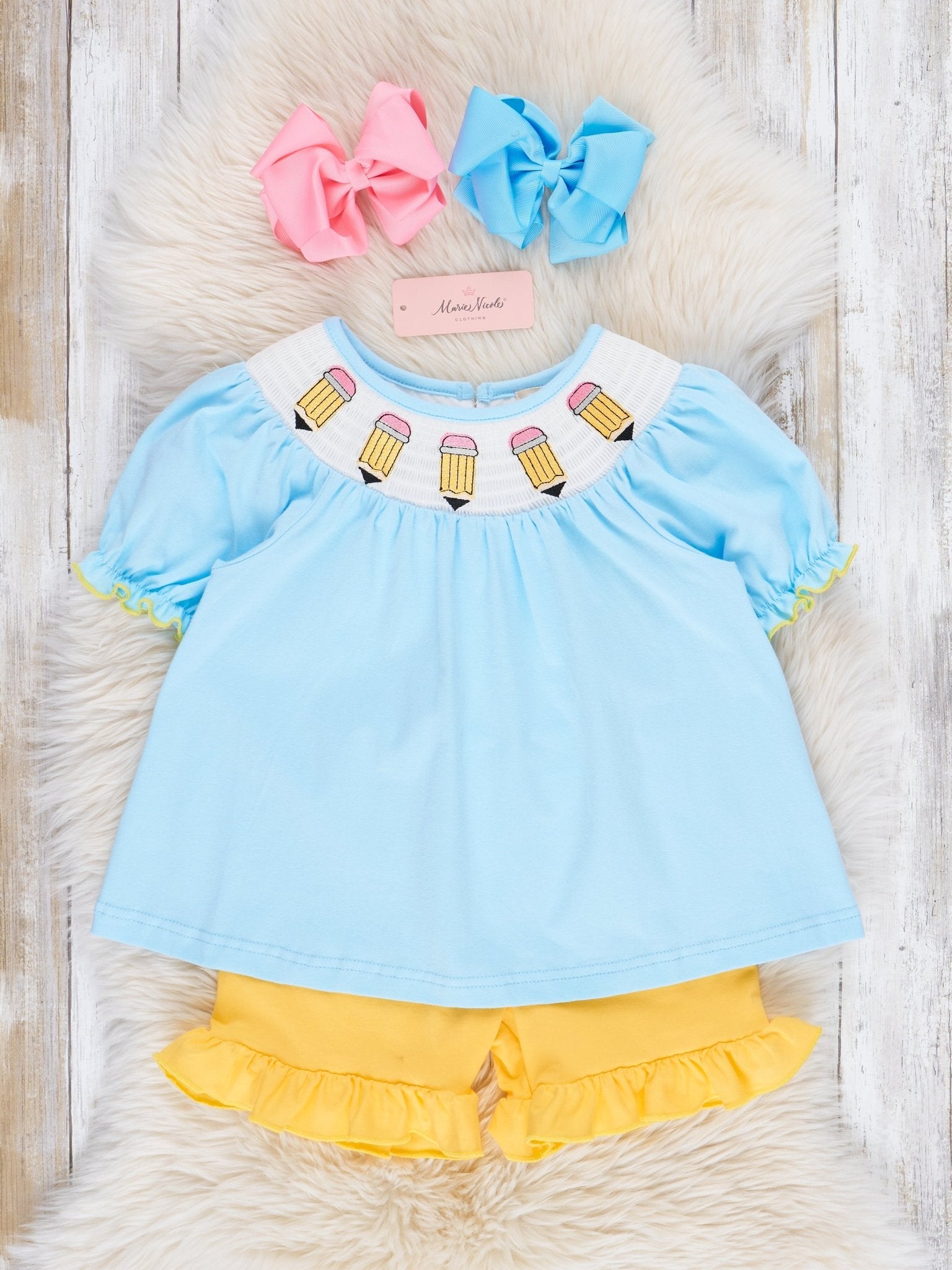 Blue & Yellow Smocked Pencils Outfit - Marie Nicole Clothing