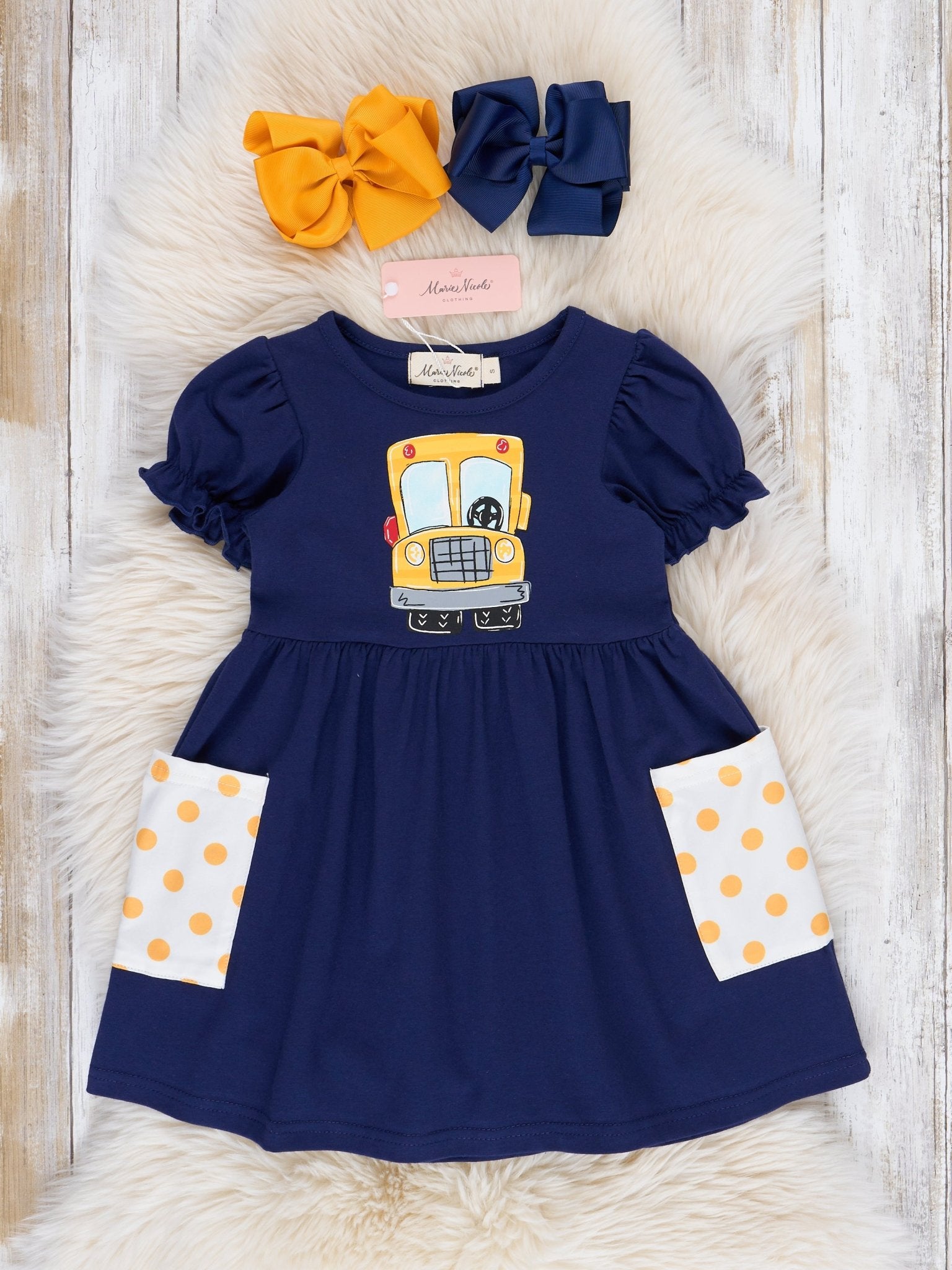 Navy Wheels on the Bus Ruffle Dress - Marie Nicole Clothing