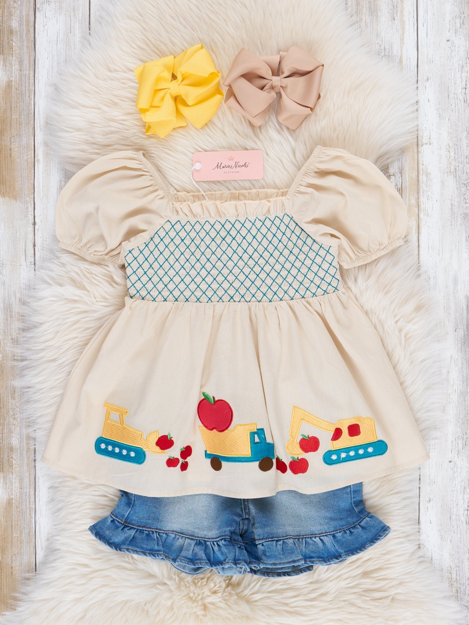 Smocked School Construction Denim Ruffle Outfit - Marie Nicole Clothing