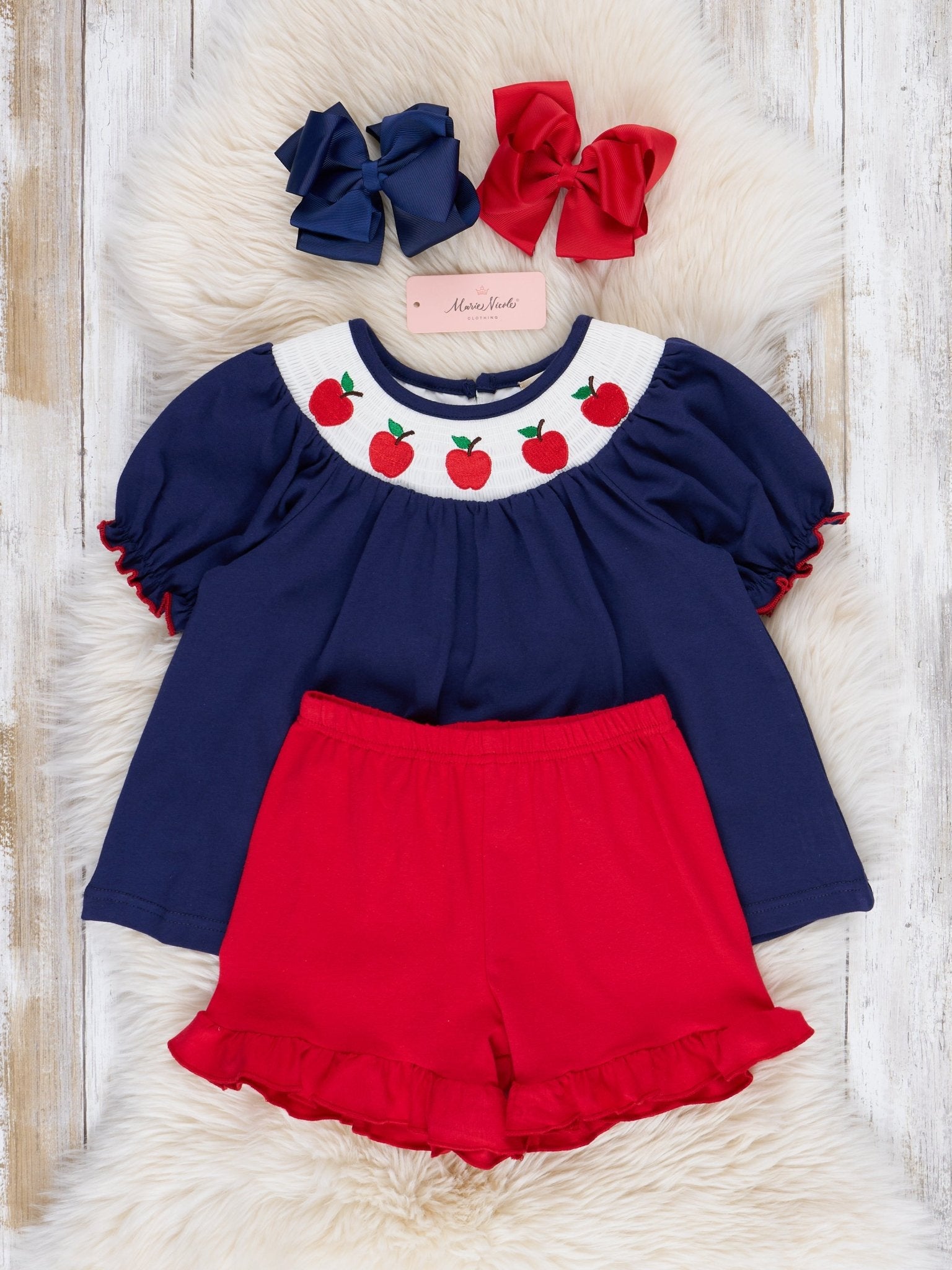 Navy & Red Smocked Apples Outfit - Marie Nicole Clothing