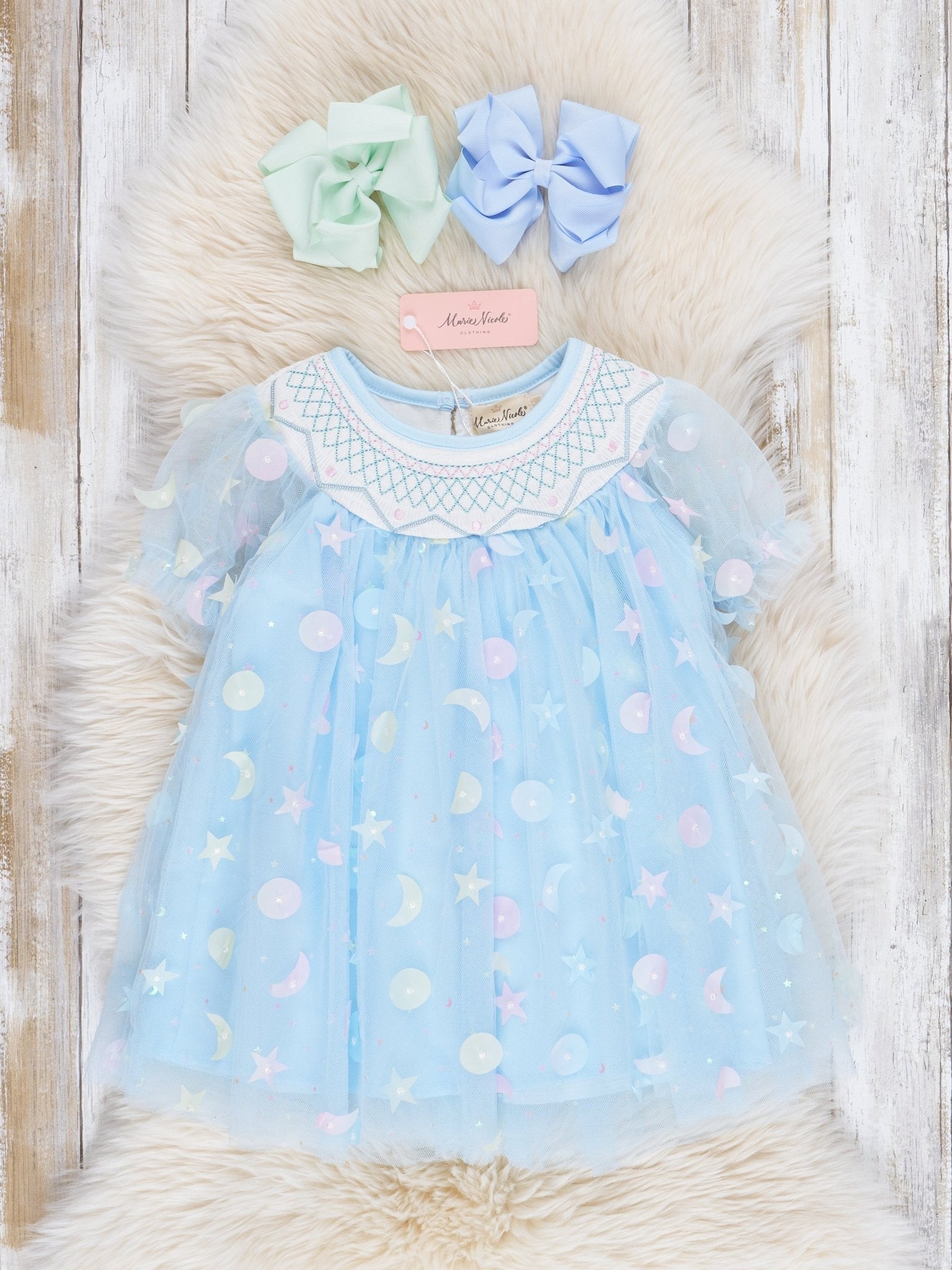 Blue Smocked Garden Blooms Tulle Overlay Dress - Marie Nicole Clothing