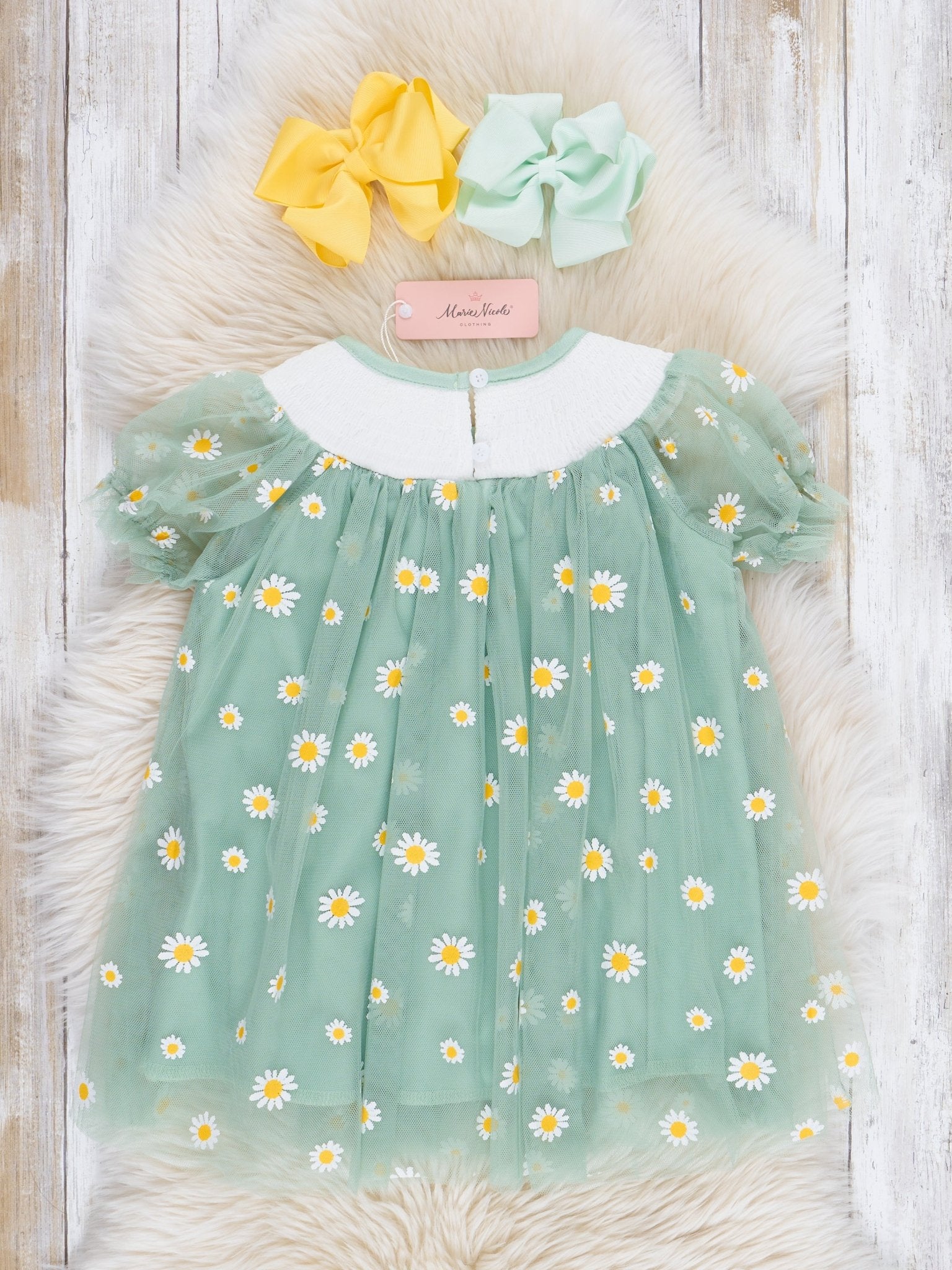 Green Smocked Garden Blooms Tulle Overlay Dress - Marie Nicole Clothing