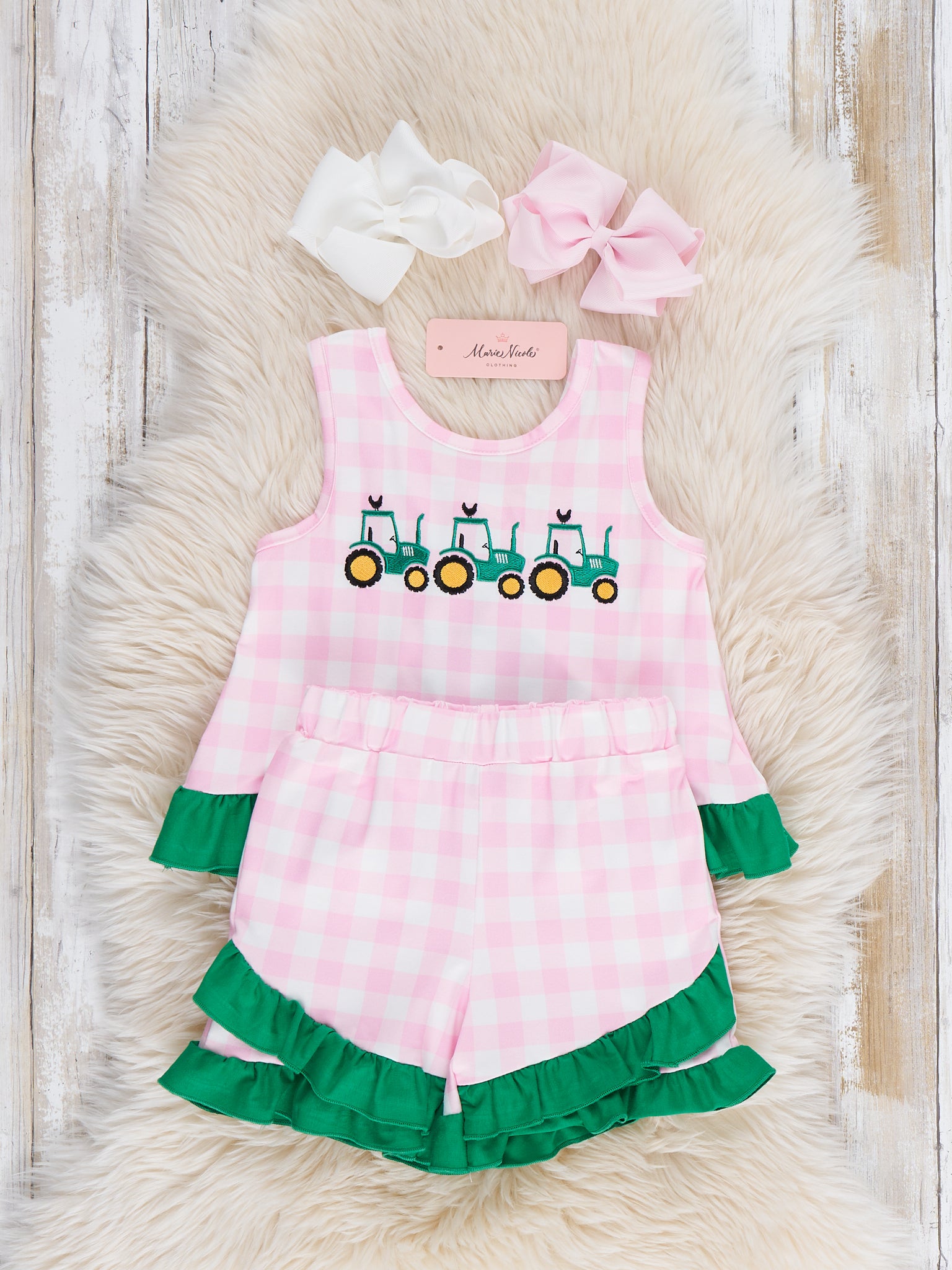 Little Farmer’s Fun Embroidered Plaid Ruffle Outfit - Marie Nicole Clothing
