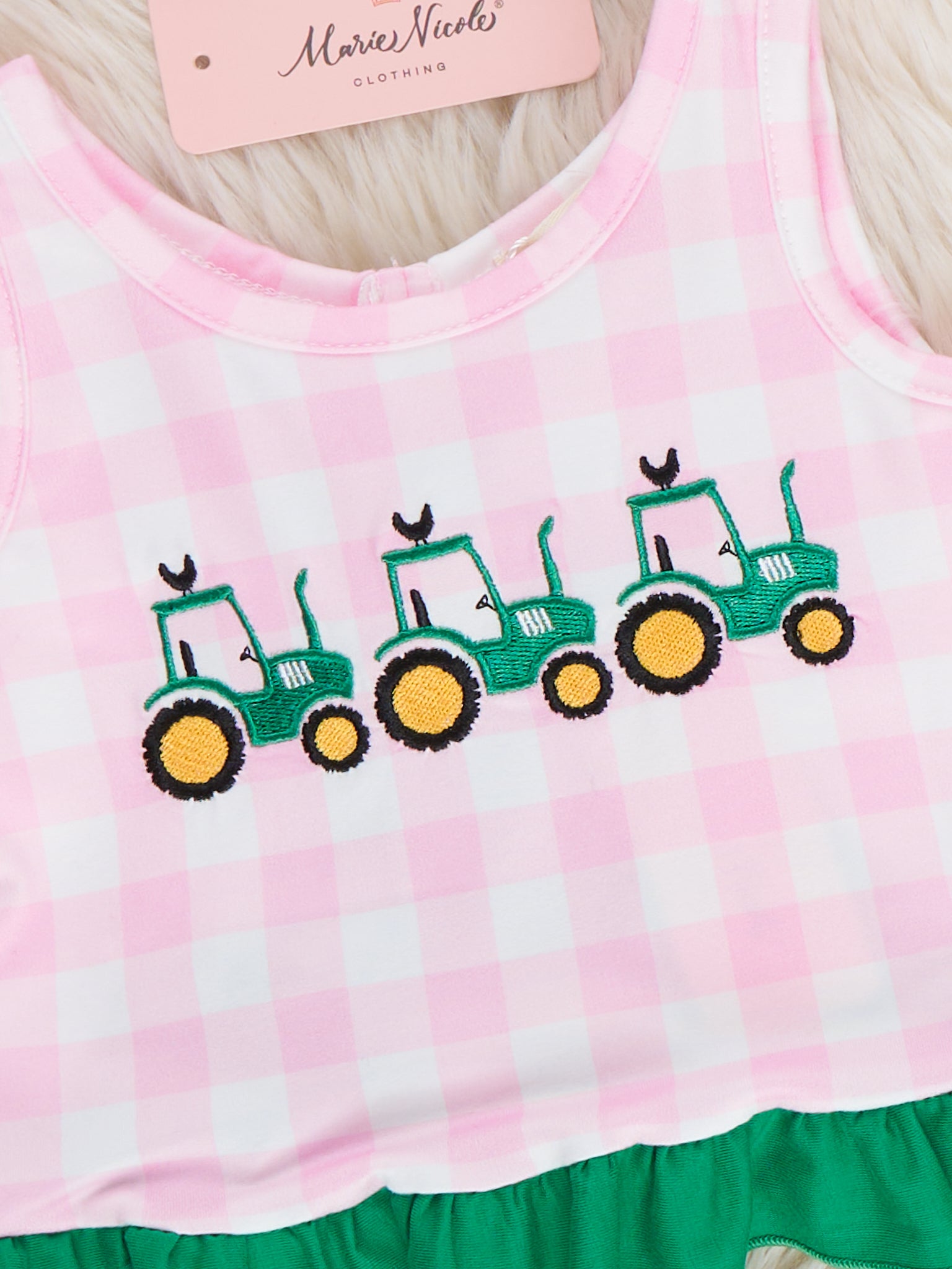 Little Farmer’s Fun Embroidered Plaid Bloomers Outfit - Marie Nicole Clothing