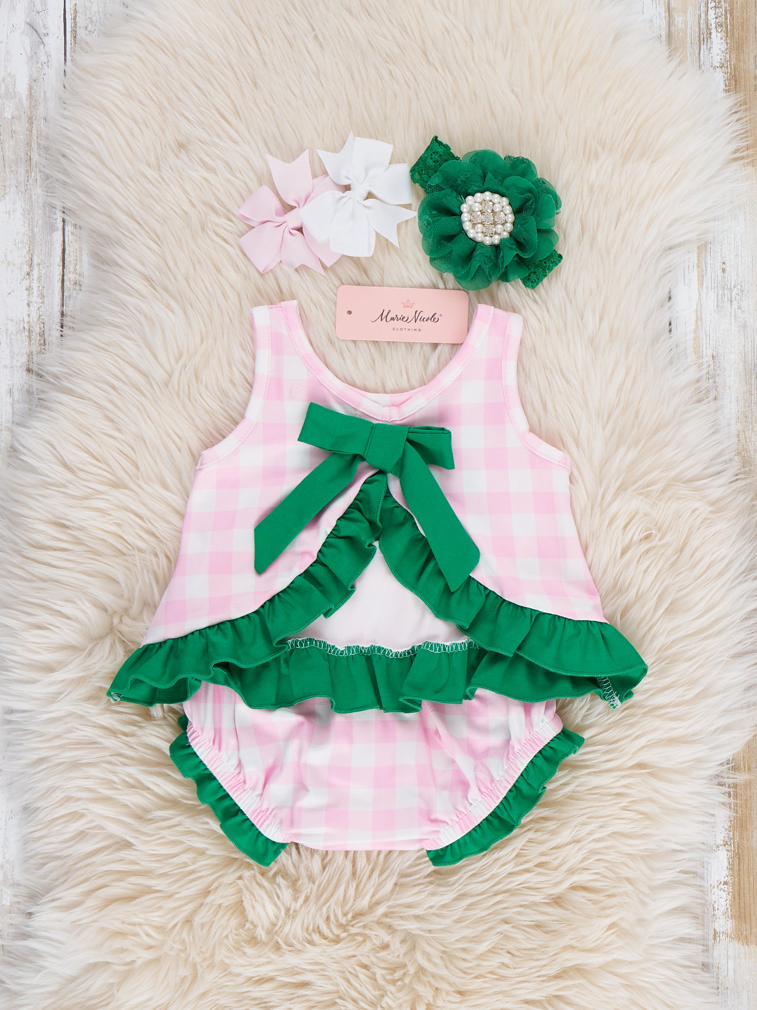 Little Farmer’s Fun Embroidered Plaid Bloomers Outfit - Marie Nicole Clothing