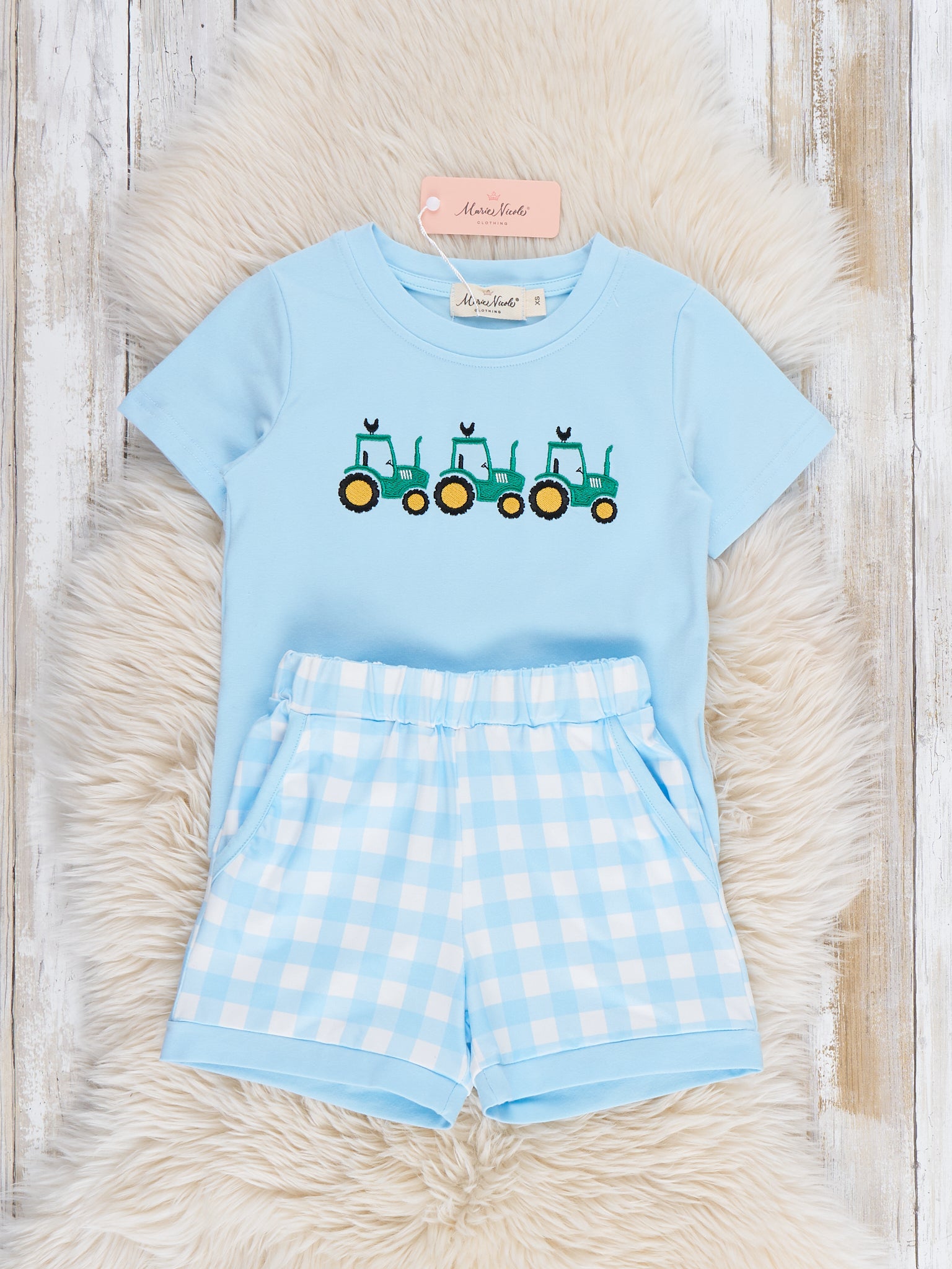 Little Farmer’s Fun Embroidered Plaid Outfit - Marie Nicole Clothing