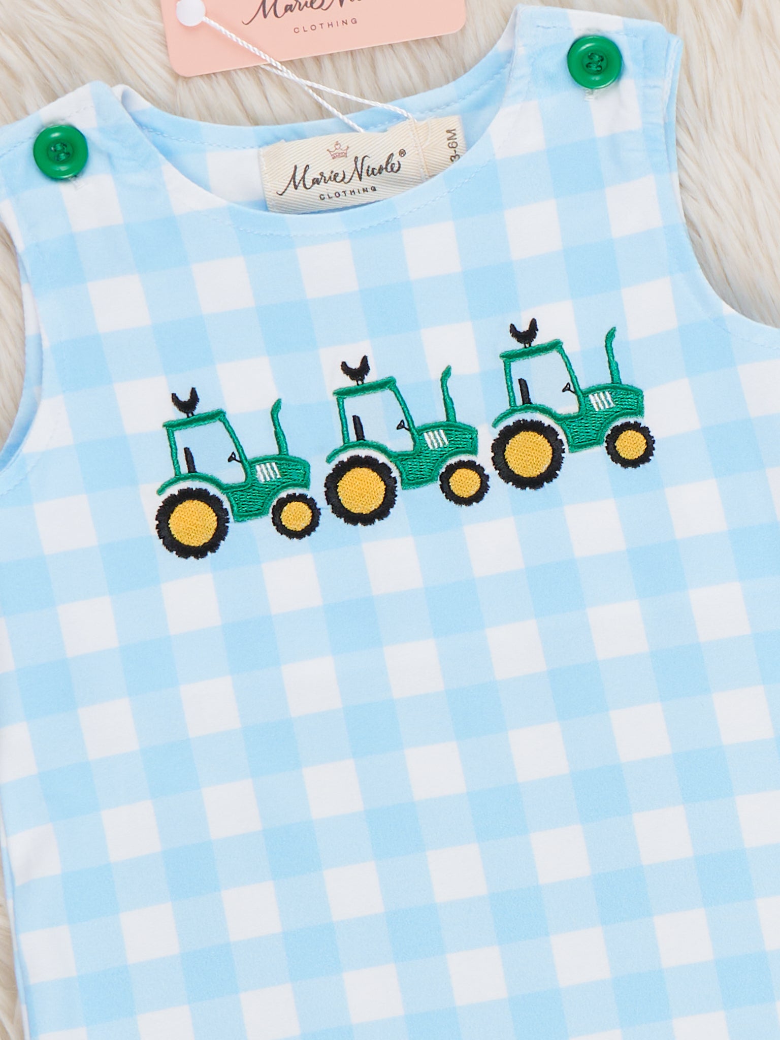 Little Farmer’s Fun Embroidered Plaid Romper - Marie Nicole Clothing