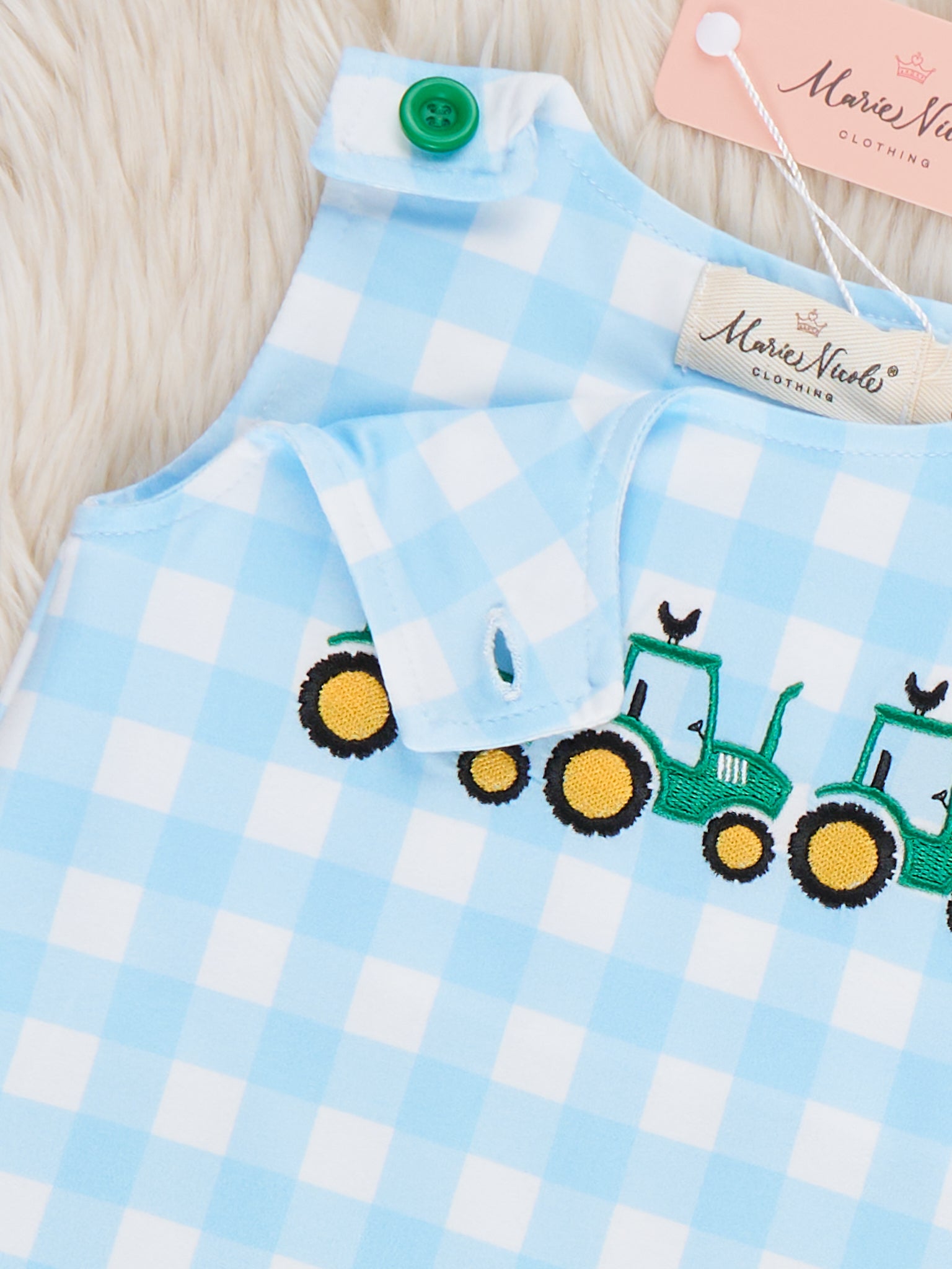 Little Farmer’s Fun Embroidered Plaid Romper - Marie Nicole Clothing